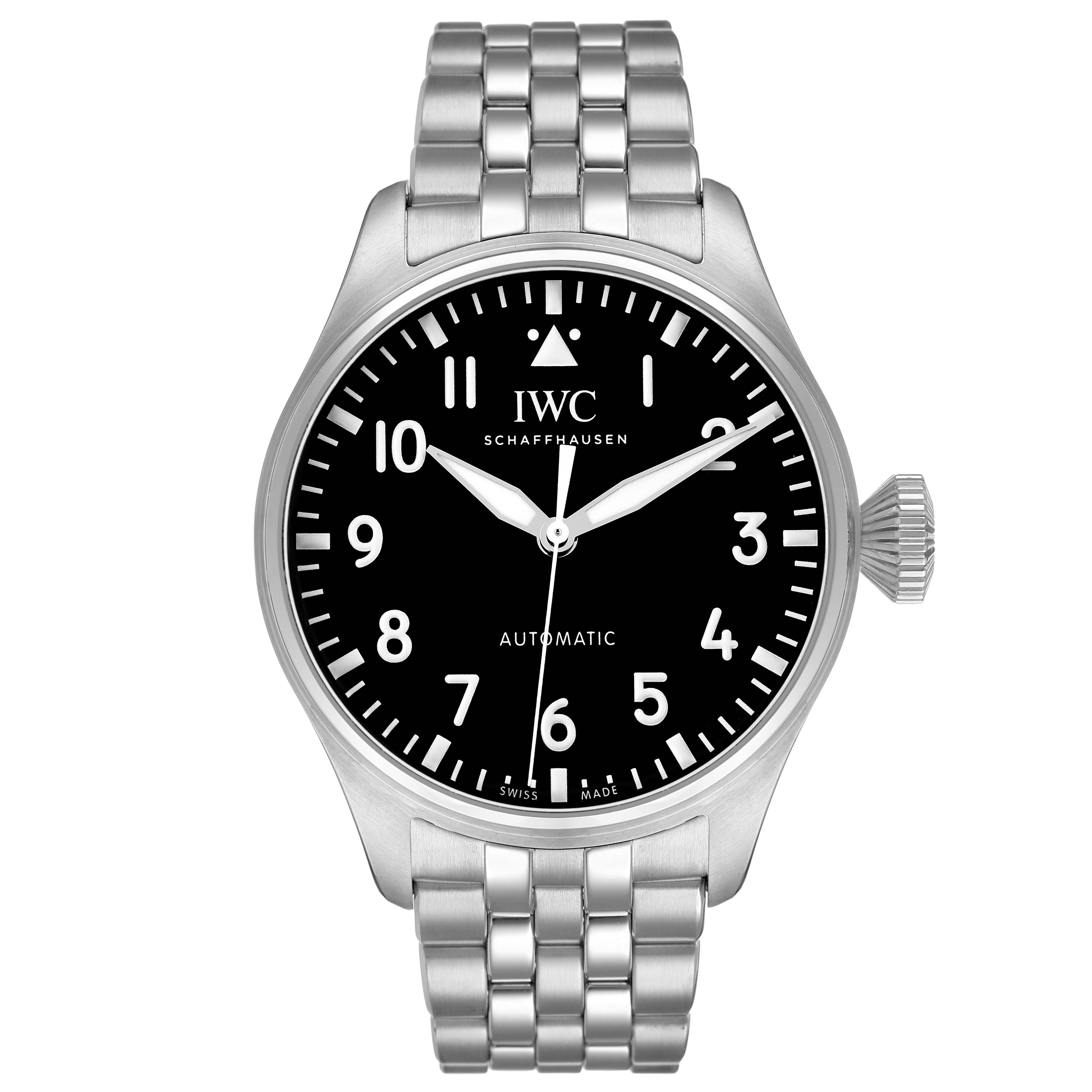 The IWC Pilot IW329301 Men's Stainless Steel Black Dial watch is shown from a front angle, displaying its black dial, numerals, and metal bracelet.