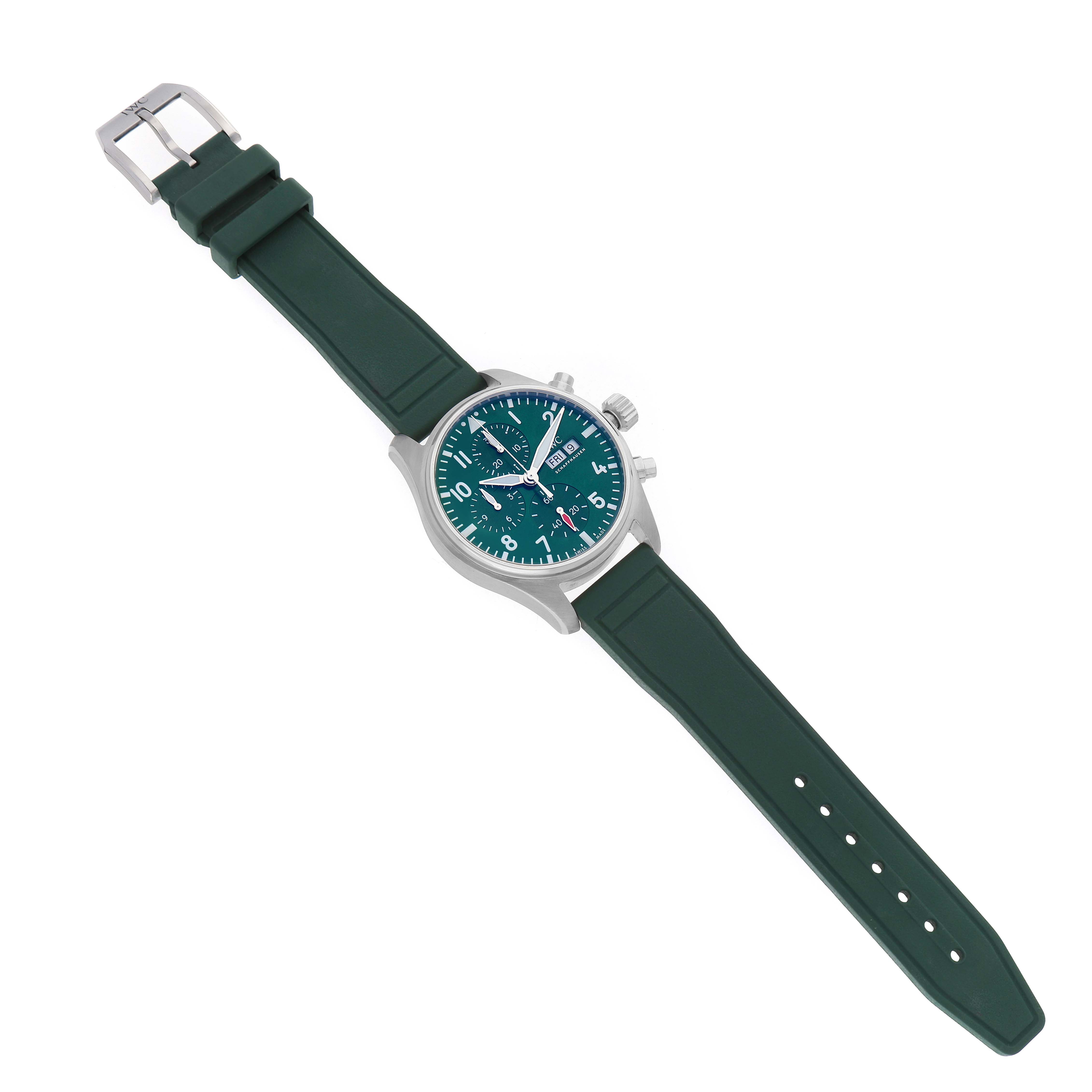 The IWC Pilot IW388103 Men's Stainless Steel Green Dial watch is shown from a top-down angle, highlighting the face, case, strap, and buckle.