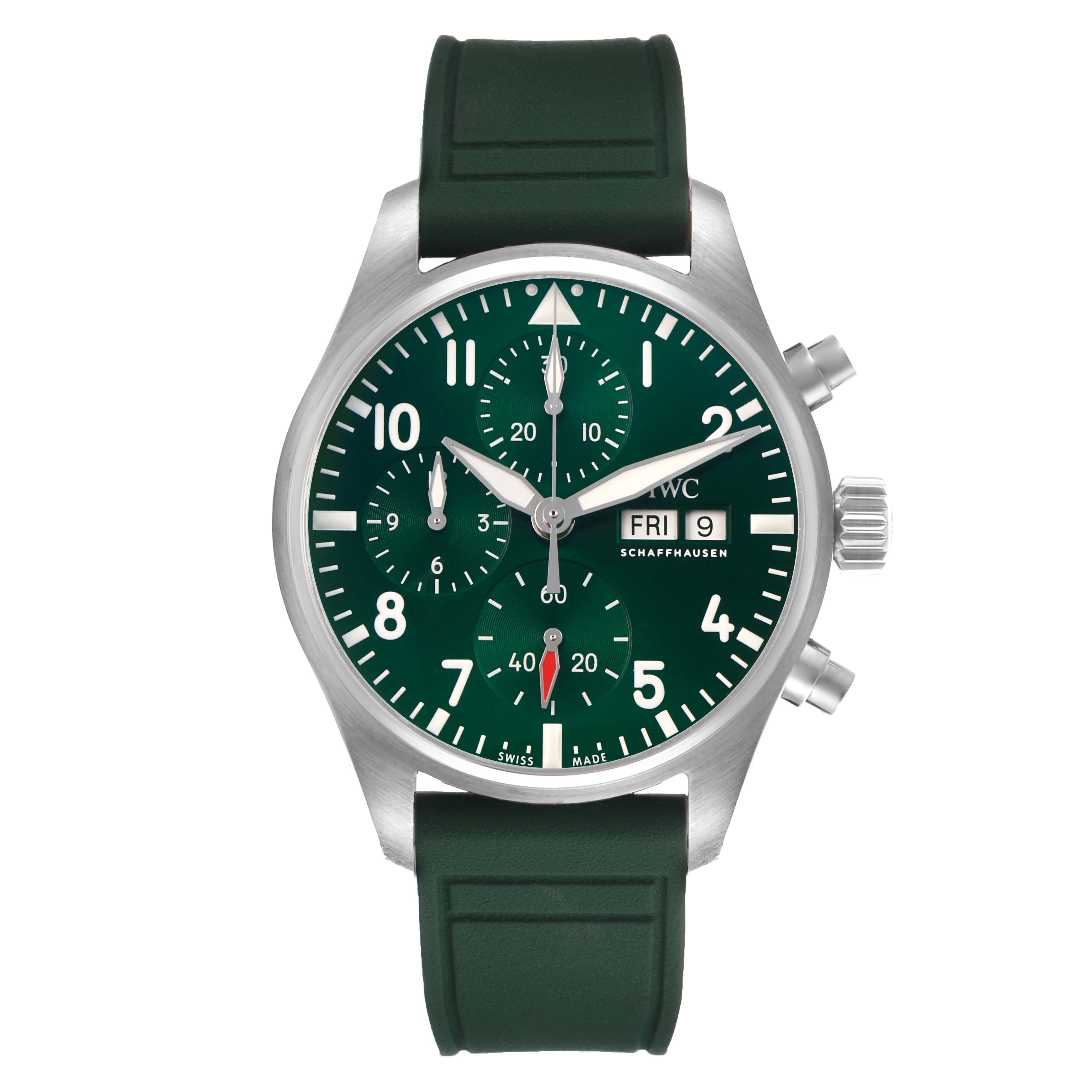The IWC Pilot IW388103 Men's Stainless Steel Green Dial watch is shown from the front, highlighting its green dial, chronograph buttons, and strap.