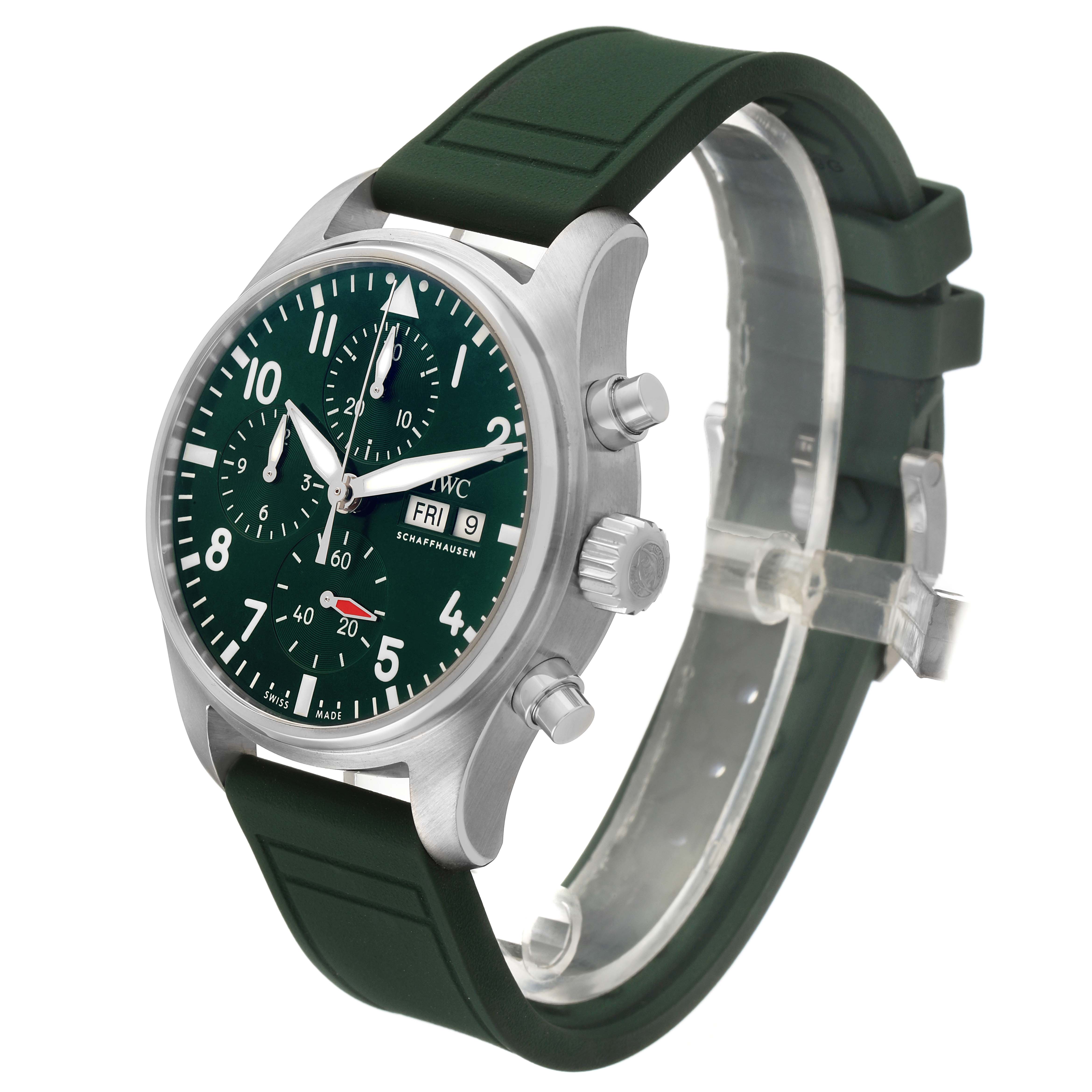 The IWC Pilot IW388103 Men's Stainless Steel Green Dial watch is shown at a slight angle, displaying the dial, crown, pushers, and a green strap prominently.