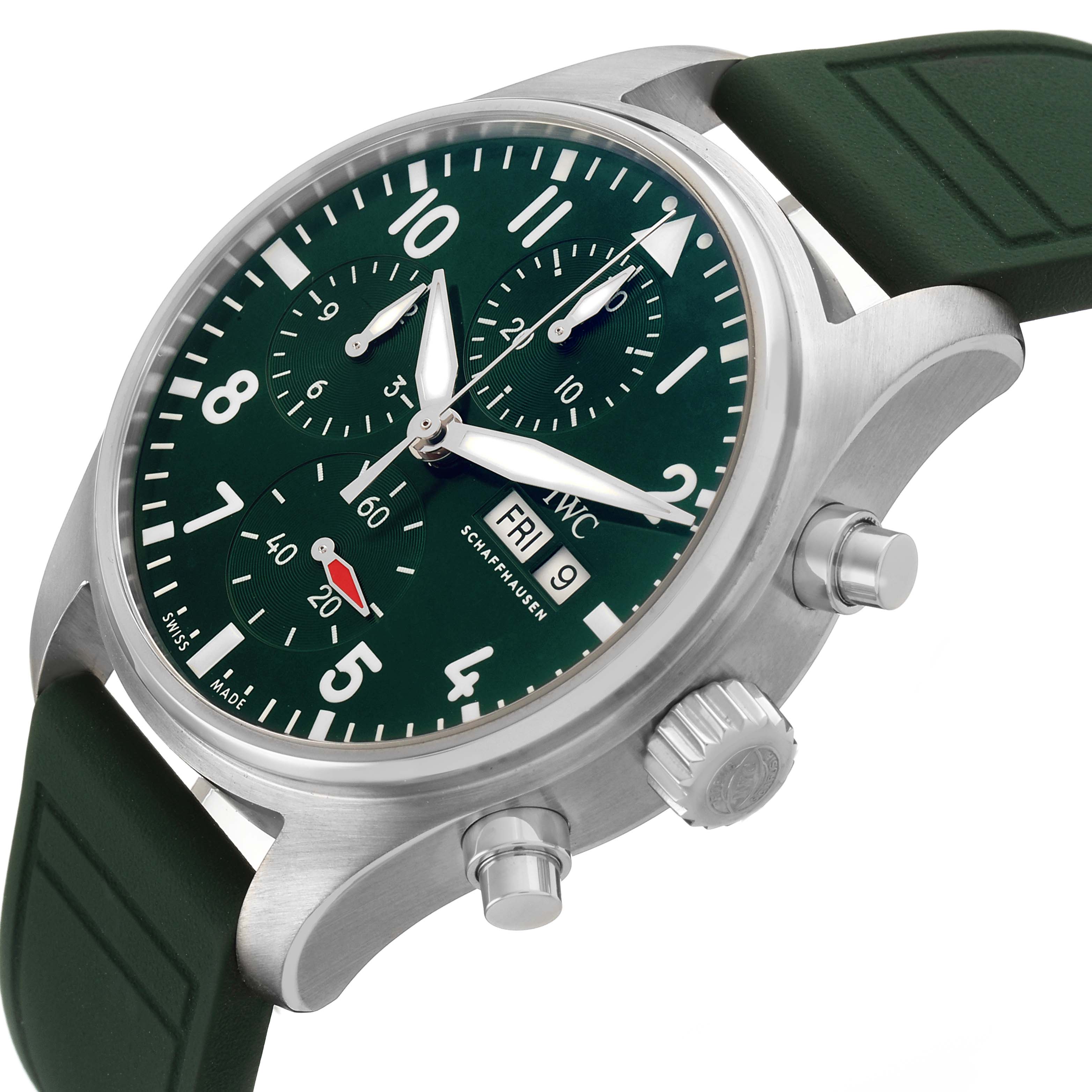 The IWC Pilot IW388103 Men's Stainless Steel Green Dial watch is shown from an angled side view, highlighting the green dial, chronograph sub-dials, and green strap.