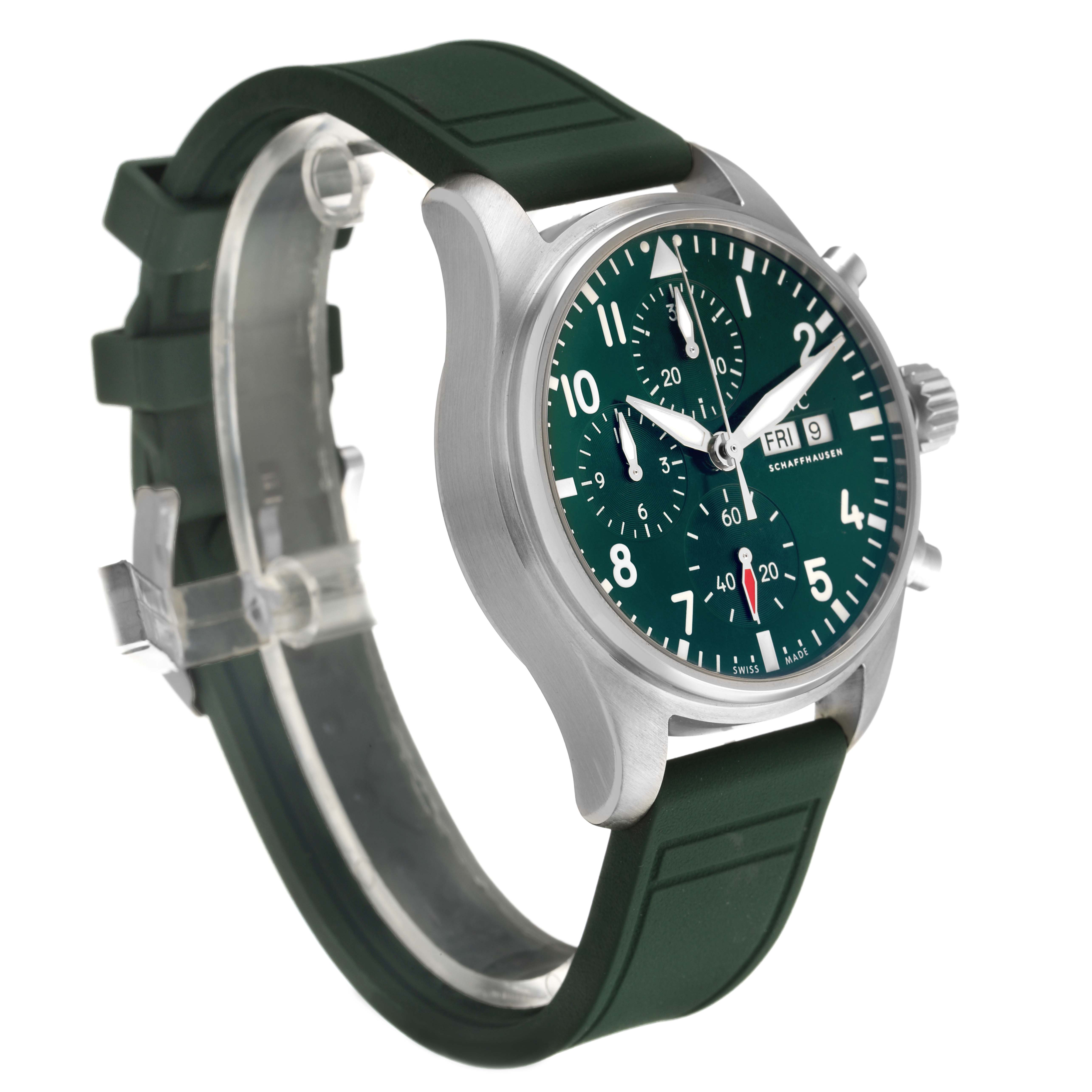 The IWC Pilot IW388103 Men's Stainless Steel Green Dial watch is shown from a three-quarter angle, displaying the green dial, chronograph dials, and rubber strap.