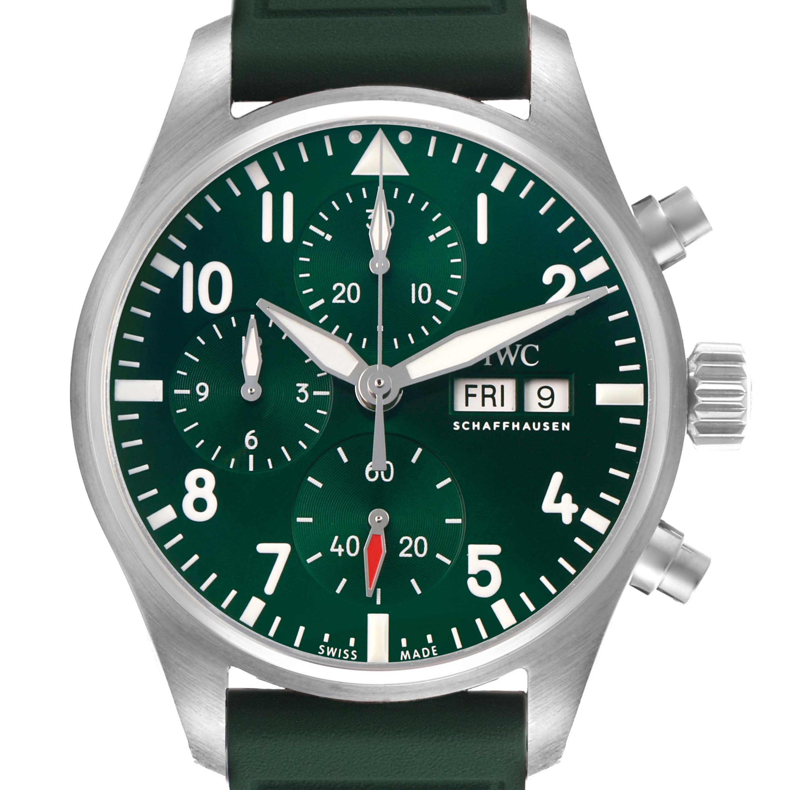 The IWC Pilot IW388103 Men's Stainless Steel Green Dial watch is shown from a front angle, highlighting the green dial, subdials, date display, and pushers.
