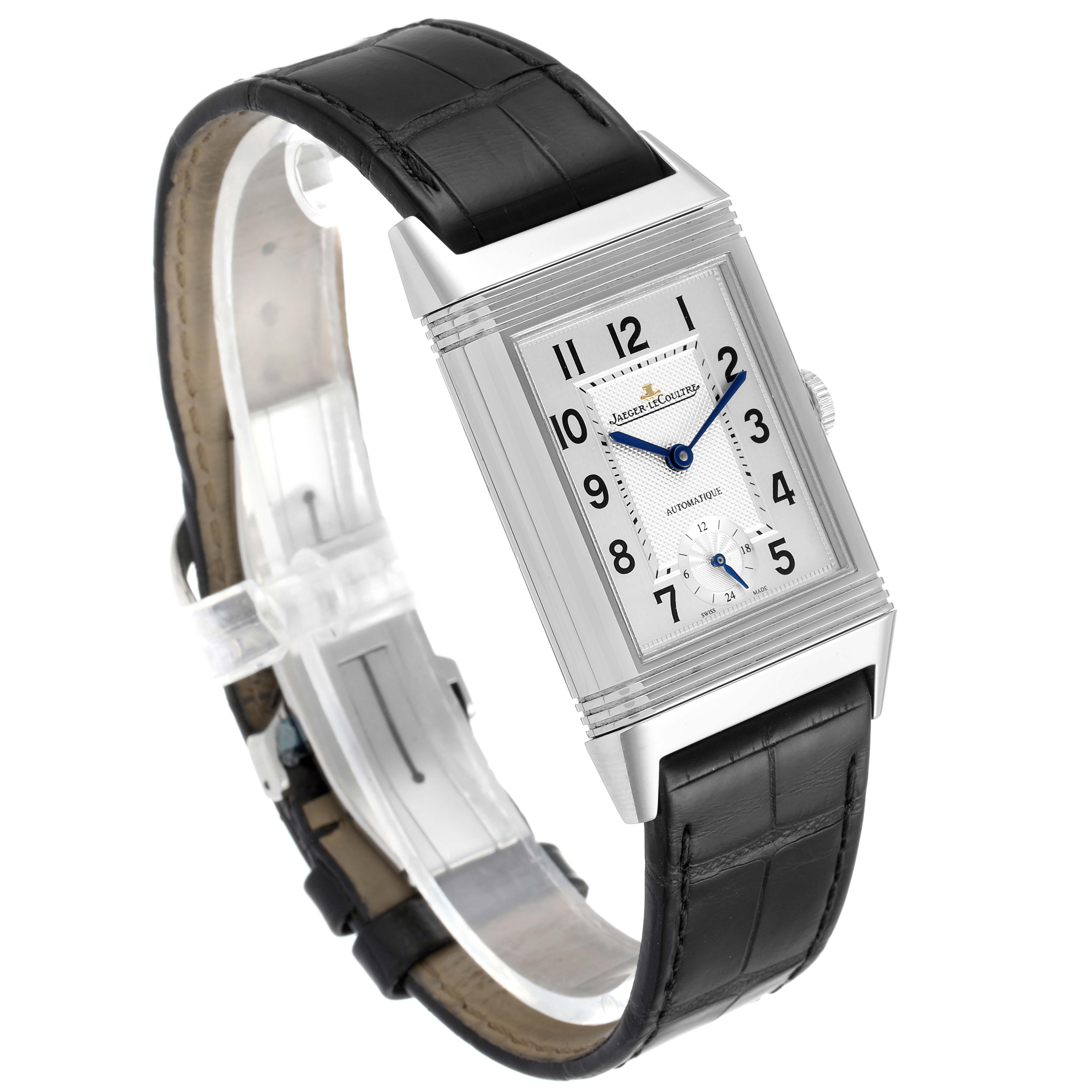 The image shows a Jaeger LeCoultre Reverso Q3808420 Men's Stainless Steel Silver Dial Q3808420 Men's Stainless Steel Silver Dial watch at a 3/4 angle, highlighting the rectangular dial, black leather strap, and crown.