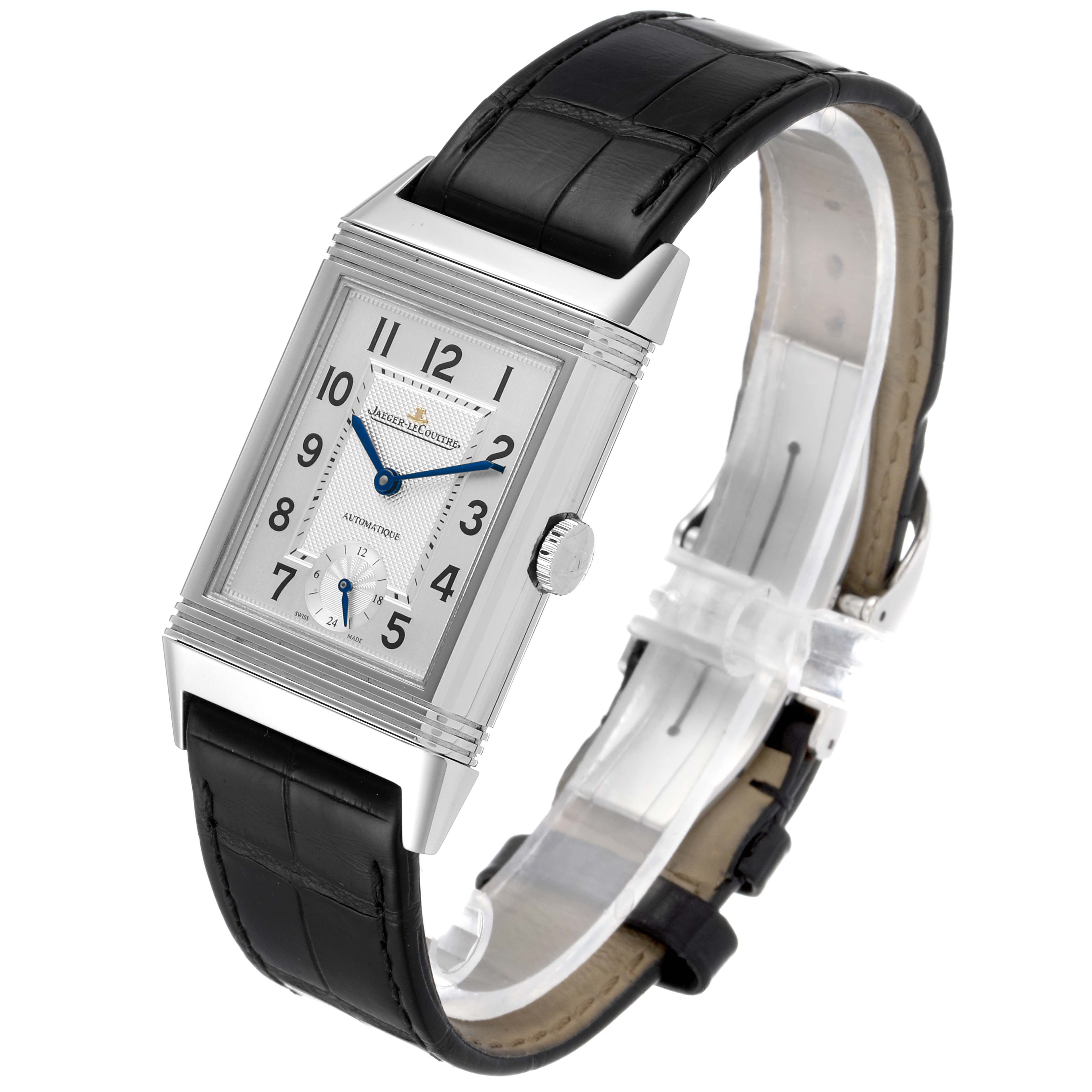 The Jaeger LeCoultre Reverso Q3808420 Men's Stainless Steel Silver Dial Q3808420 Men's Stainless Steel Silver Dial watch is shown at a three-quarter angle, displaying the face, crown, and black leather strap.