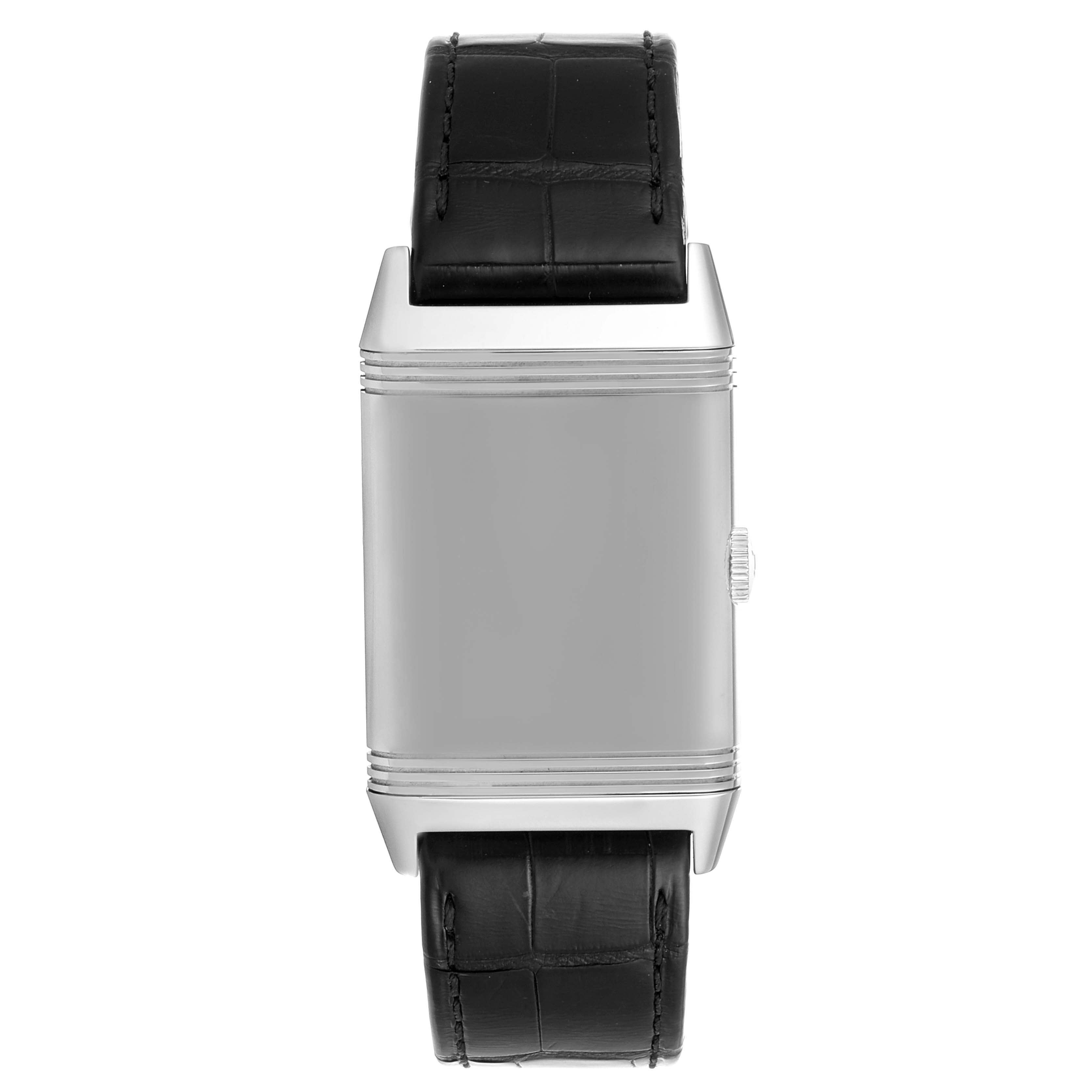 The image shows a front view of a Jaeger LeCoultre Reverso Q3808420 Men's Stainless Steel Silver Dial Q3808420 Men's Stainless Steel Silver Dial watch, highlighting its rectangular case and black leather strap.