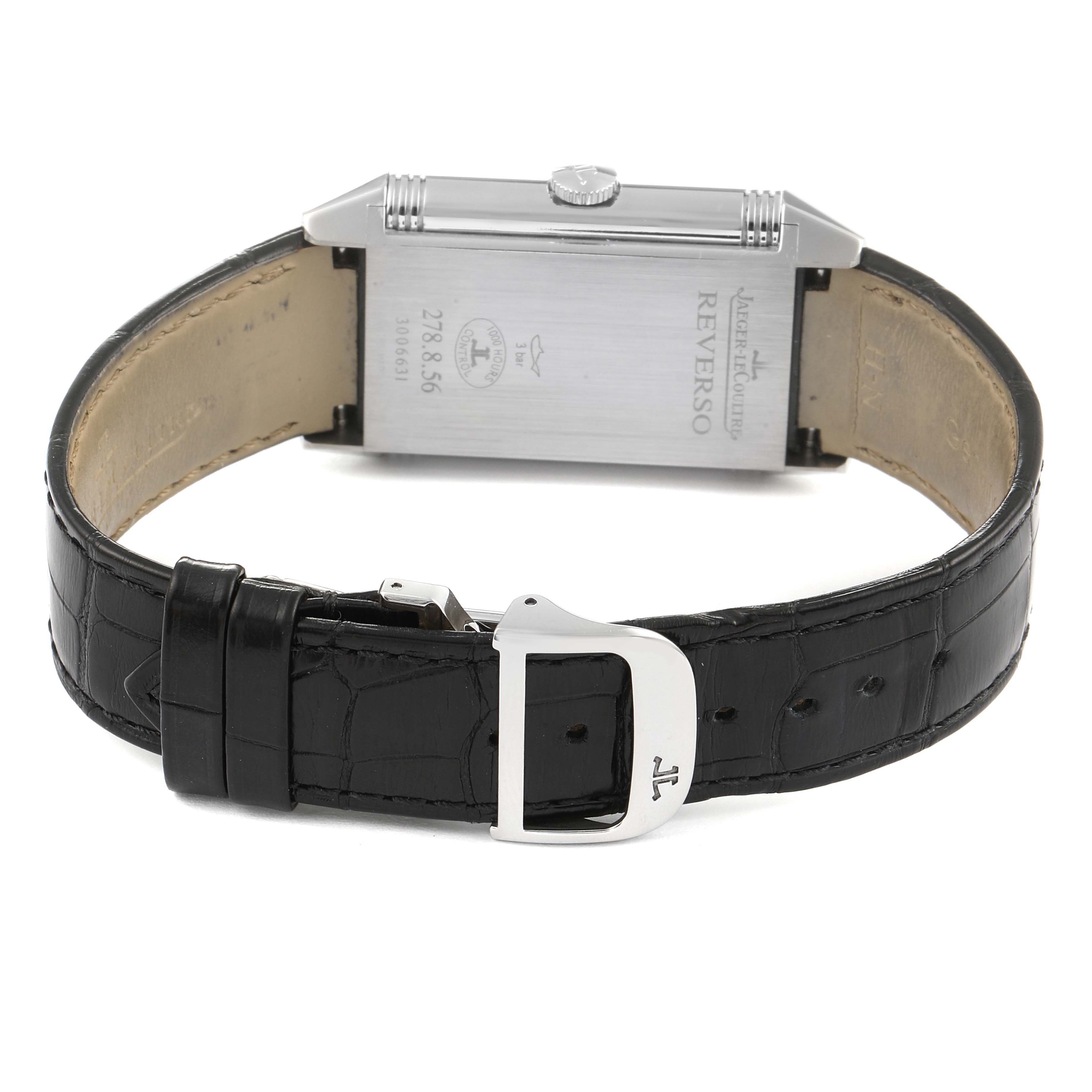 This image shows the back of a Jaeger LeCoultre Reverso Q3808420 Men's Stainless Steel Silver Dial Q3808420 Men's Stainless Steel Silver Dial watch, focusing on the strap, buckle, and case back.