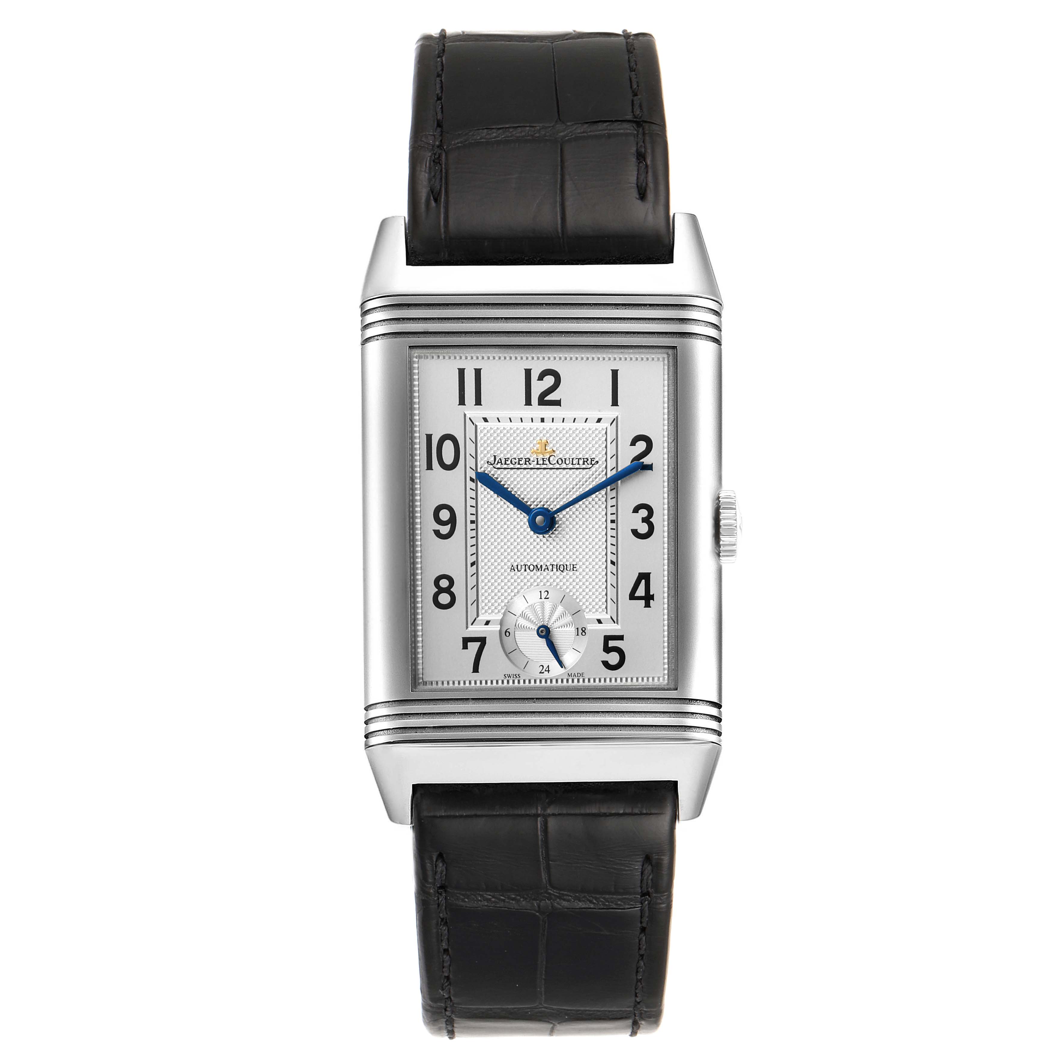 The image shows a front view of the Jaeger-LeCoultre Reverso watch, displaying the dial, hands, and strap.