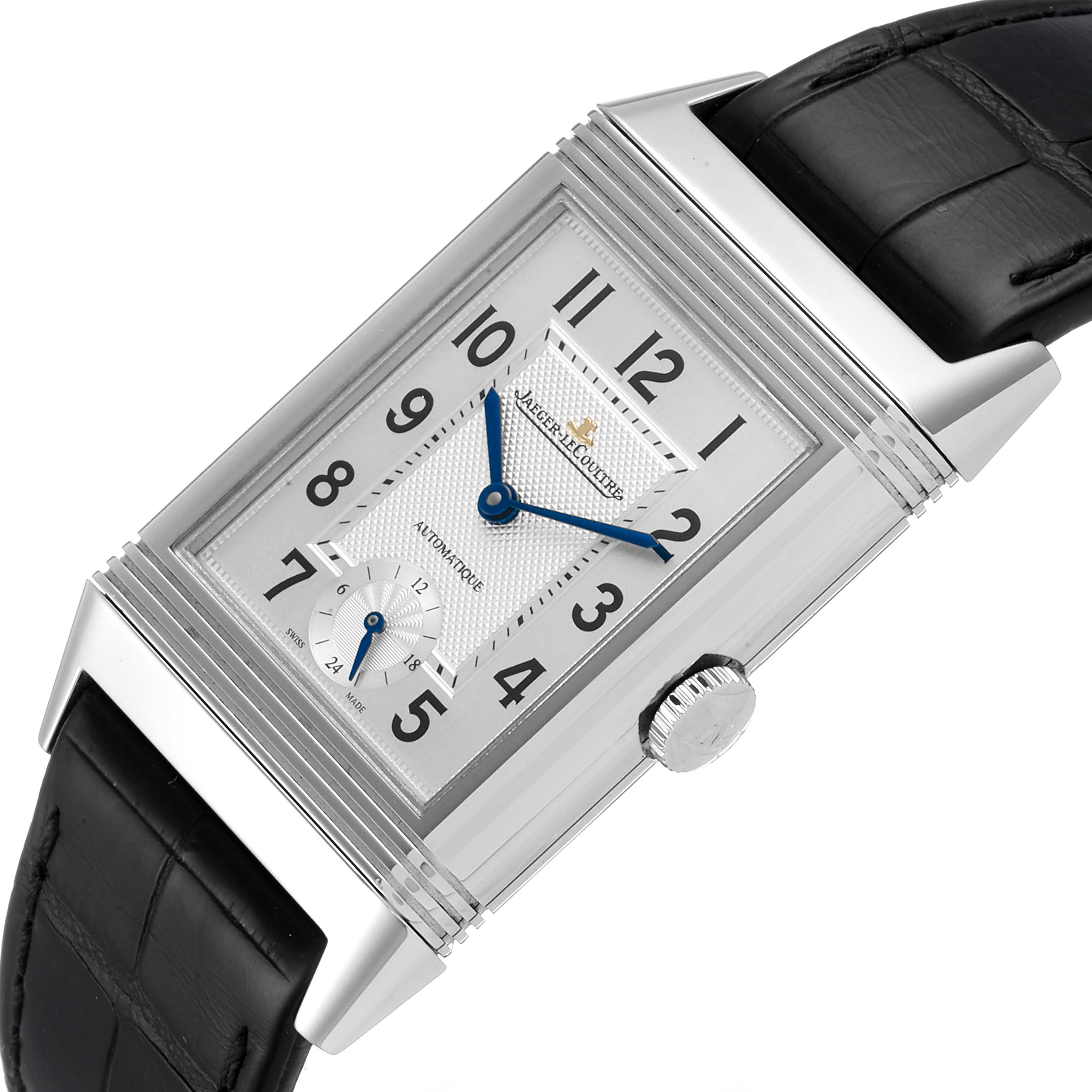 The image shows a Jaeger LeCoultre Reverso Q3808420 Men's Stainless Steel Silver Dial Q3808420 Men's Stainless Steel Silver Dial watch at an angle that highlights its dial, crown, and leather strap.