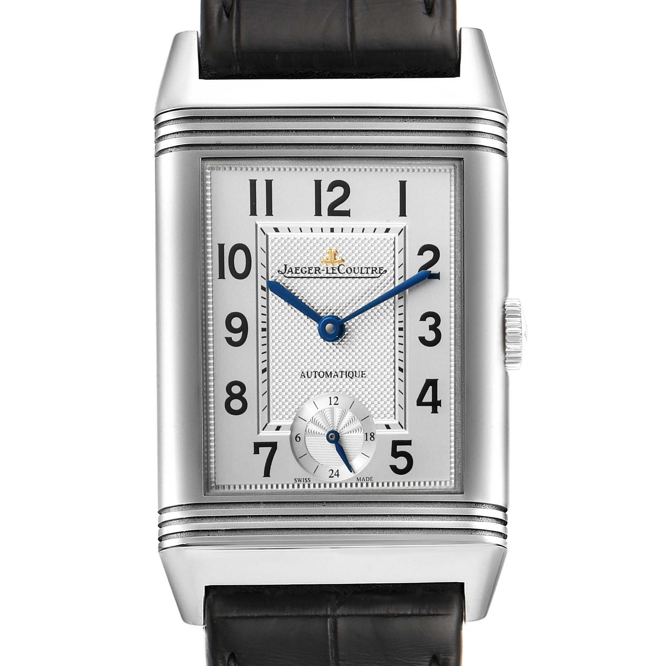 The image shows a front view of the Jaeger LeCoultre Reverso Q3808420 Men's Stainless Steel Silver Dial Q3808420 Men's Stainless Steel Silver Dial watch, highlighting its dial, hour markers, and sub-dial.