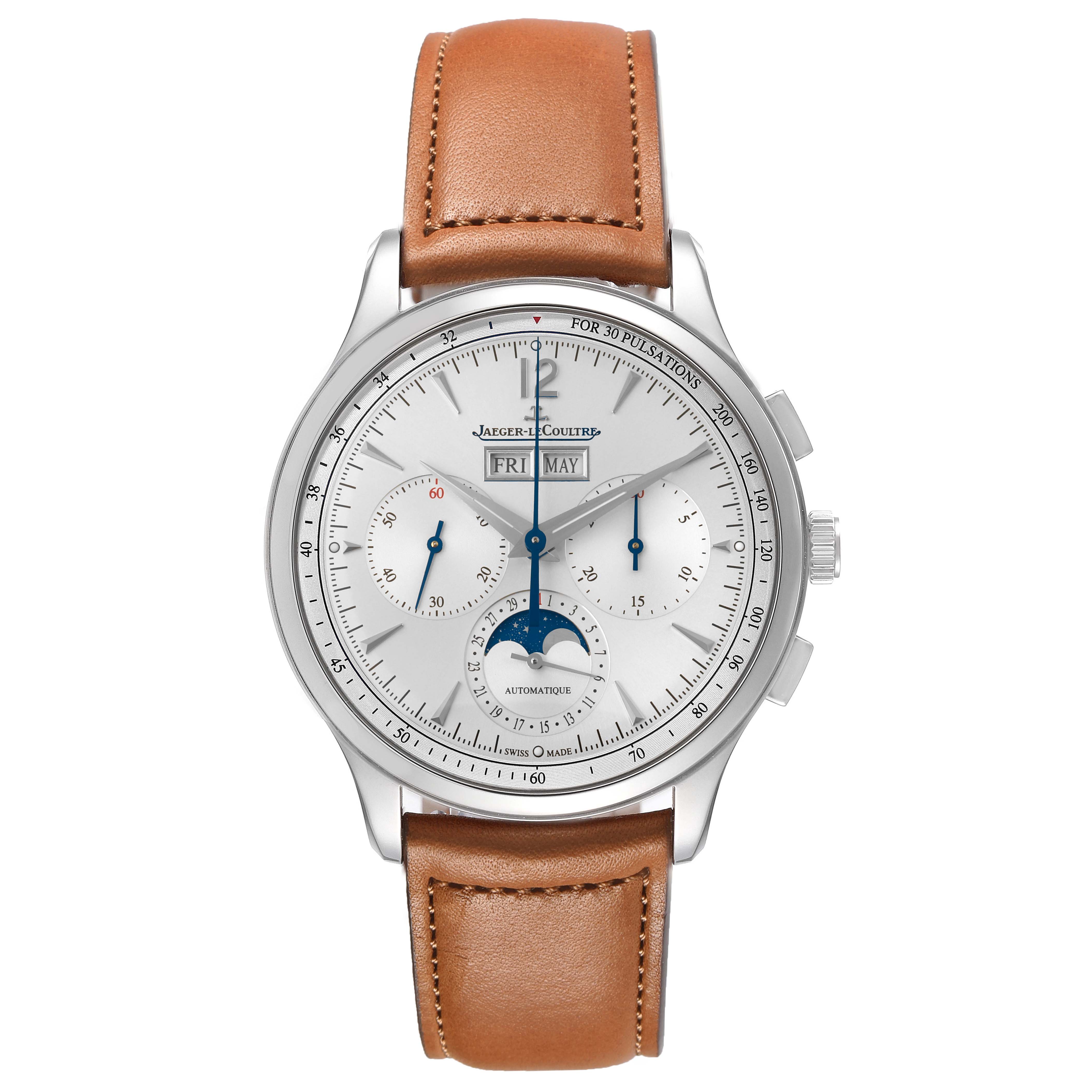 The Jaeger LeCoultre Master Q4138420 Men's Stainless Steel Silver Dial model watch is shown from the front, displaying its dial, sub-dials, and leather strap.