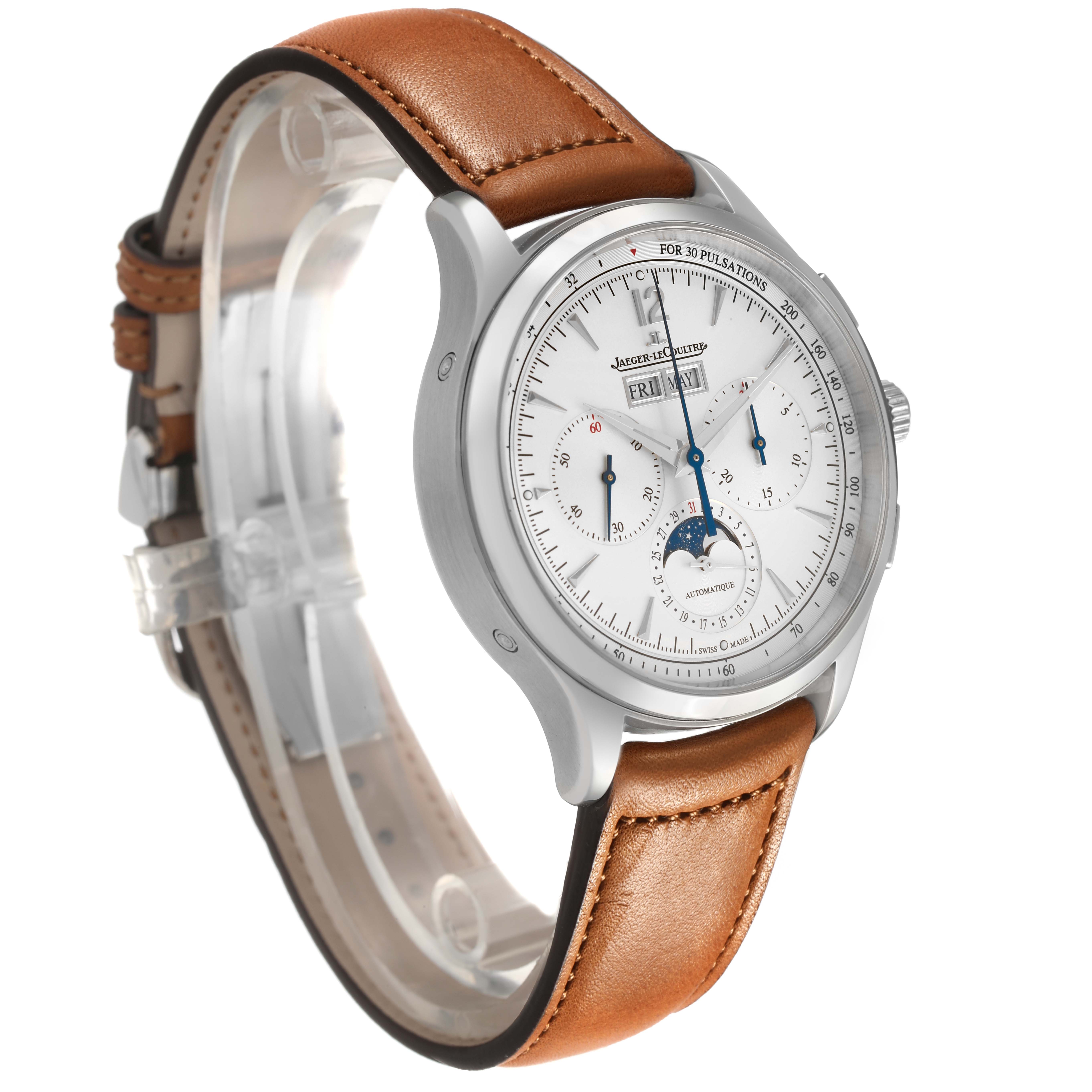 The Jaeger-LeCoultre Master watch is shown in a three-quarter angle, highlighting the face, leather strap, and side crown.