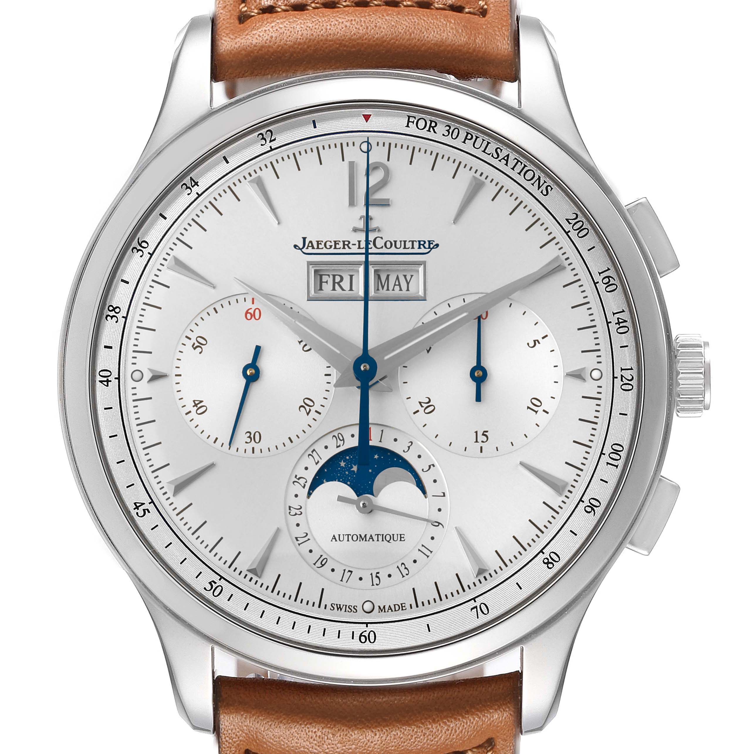 The Jaeger-LeCoultre Master watch is shown from the front, displaying the dial, moon phase, chronograph subdials, and brown leather strap.