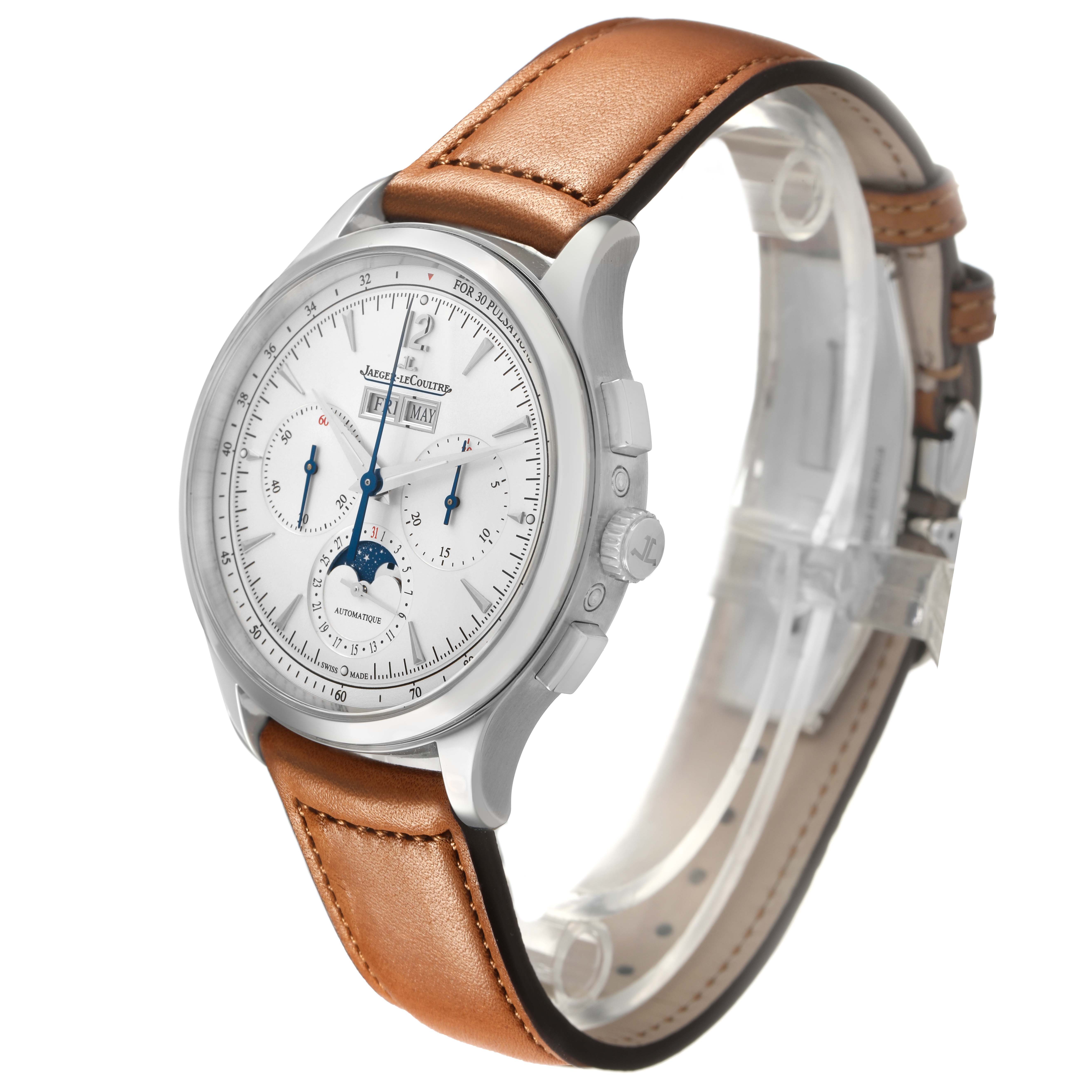 The Jaeger-LeCoultre Master watch is shown at a three-quarter angle, displaying the dial, case, pushers, and leather strap.