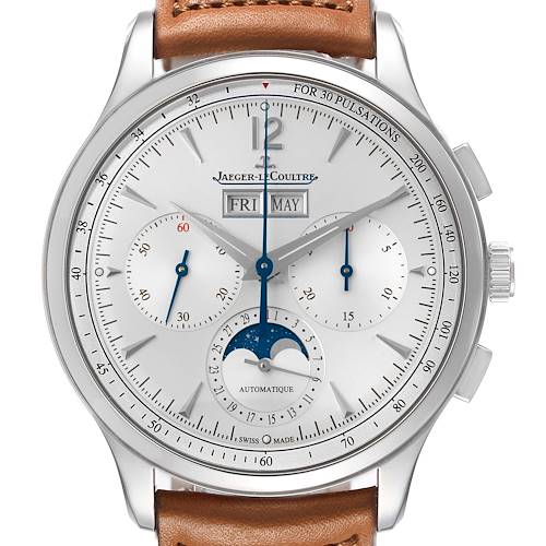 The Jaeger-LeCoultre Master watch is shown from the front, displaying its face, dial, subdials, and brown leather strap.