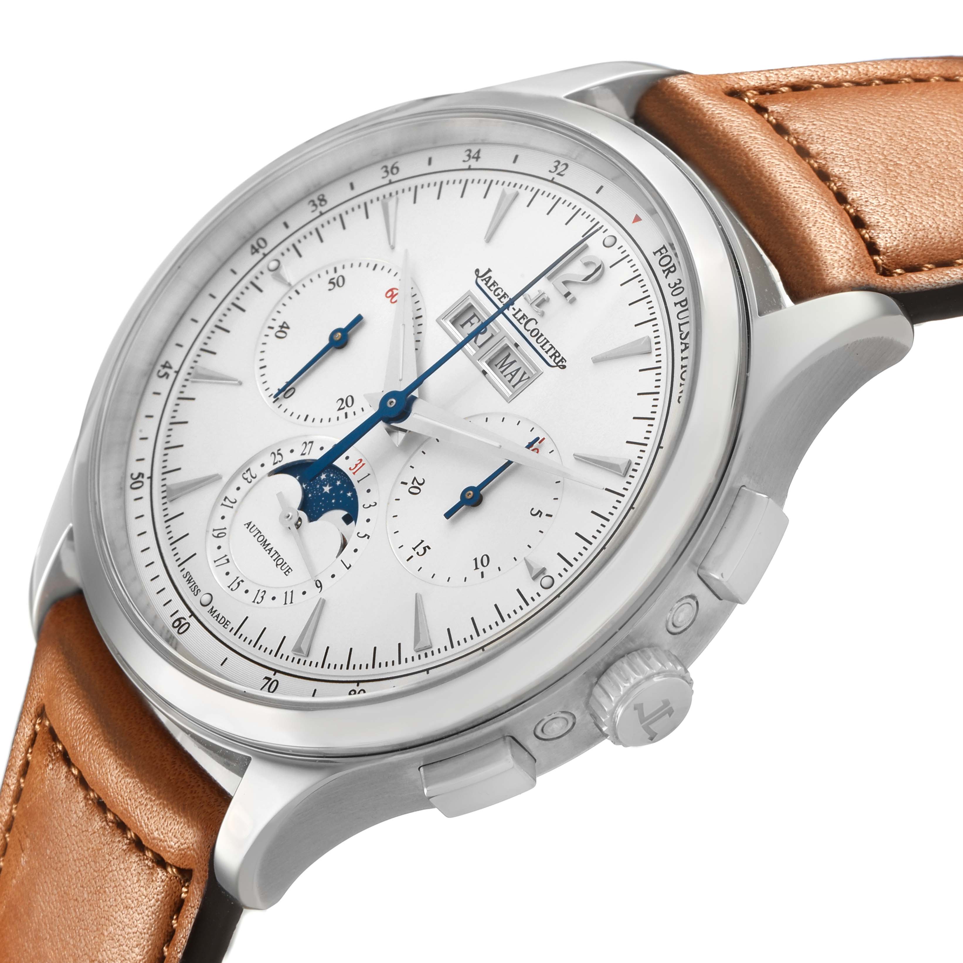 The image shows a Jaeger LeCoultre Master Q4138420 Men's Stainless Steel Silver Dial watch at a slight side angle, highlighting its face, brown strap, and crown.