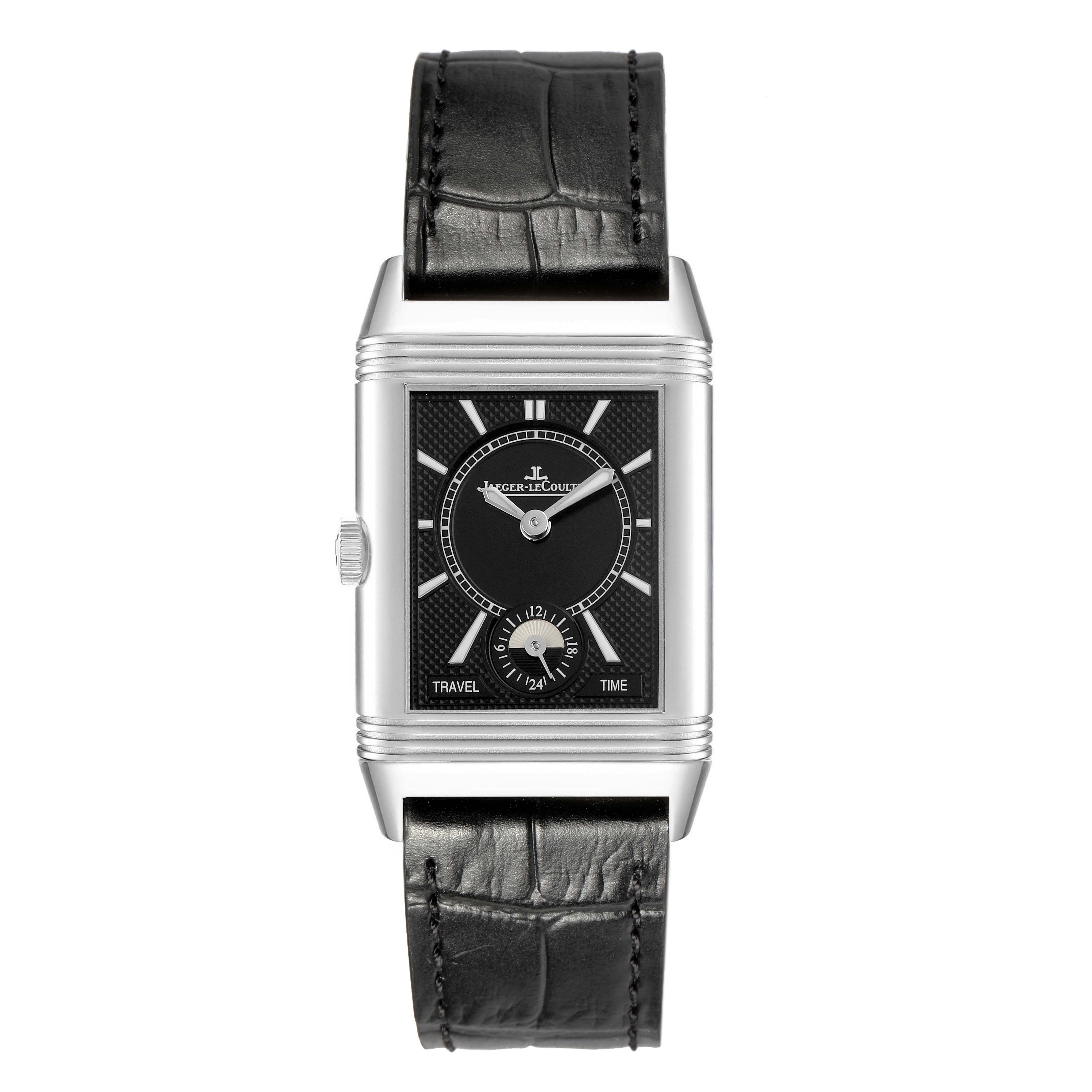 The Jaeger-LeCoultre Reverso watch is shown from the front, highlighting the rectangular case and black leather strap.