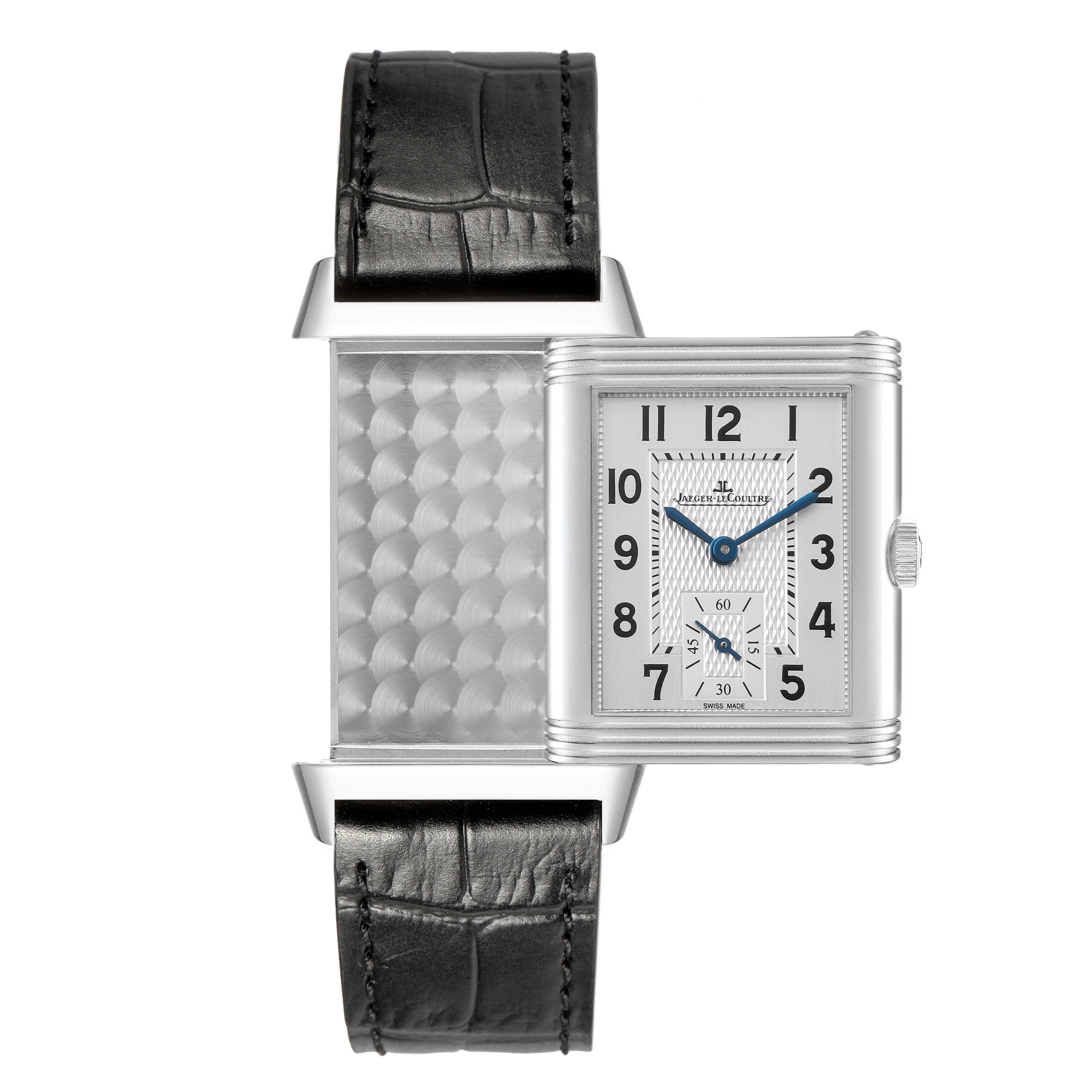 The Jaeger LeCoultre Reverso Q2458420 Men's Stainless Steel Silver Dial watch is shown from the front, with its face visible and partially reversed to reveal the back.