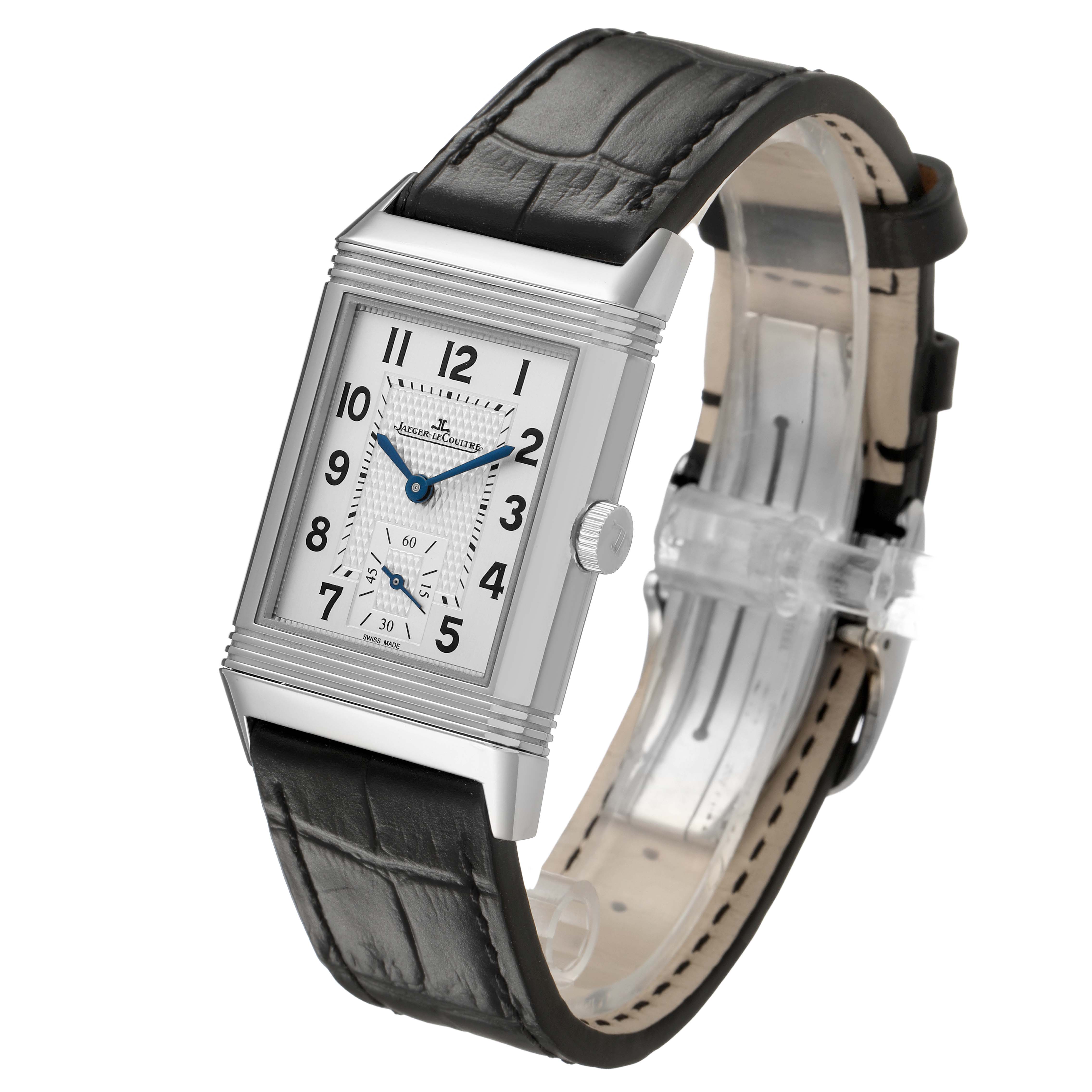 The Jaeger-LeCoultre Reverso watch is shown at a front angle, with its face, strap, and crown clearly visible.