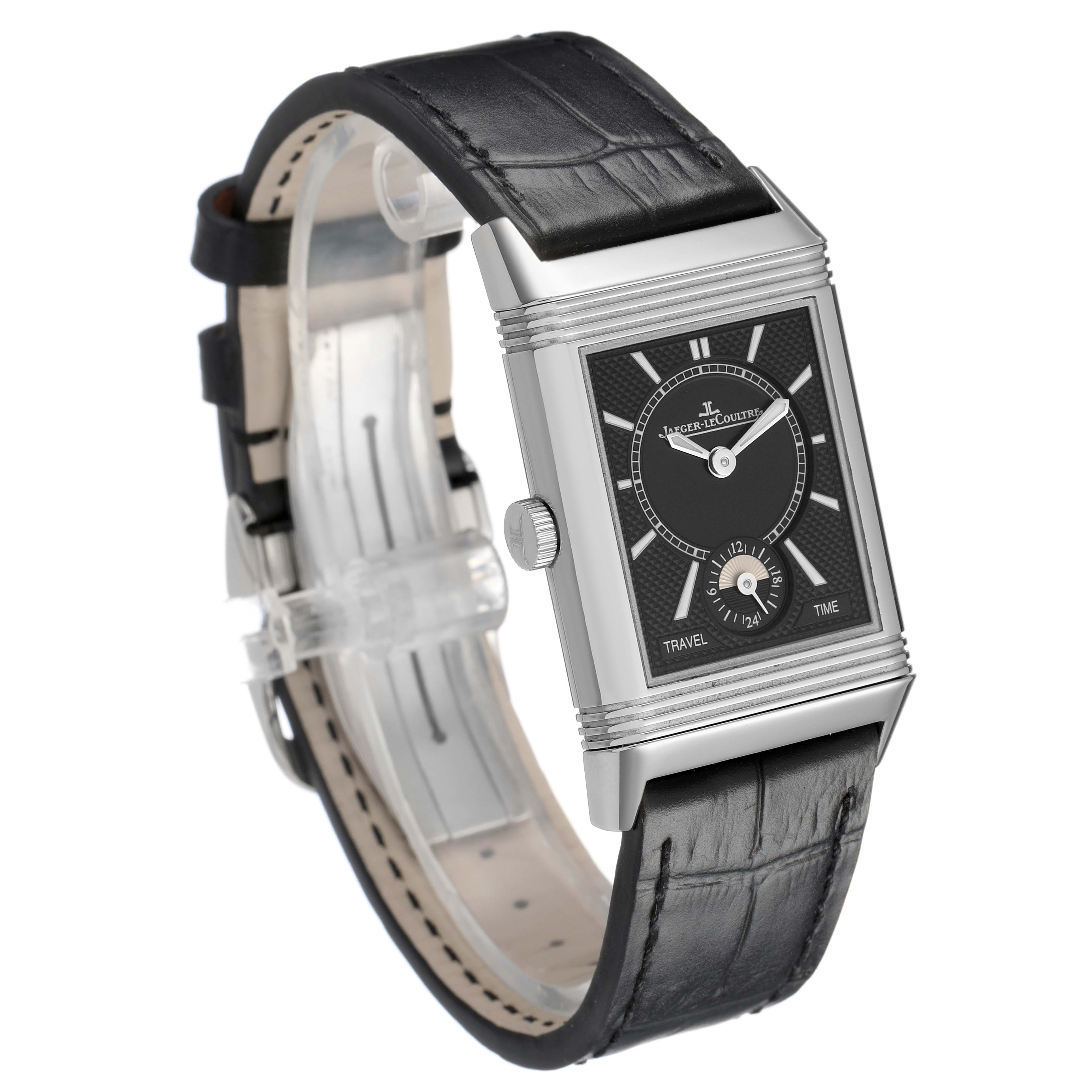 The Jaeger LeCoultre Reverso Q2458420 Men's Stainless Steel Silver Dial watch is shown at an angled side view, highlighting the rectangular face and black leather strap.