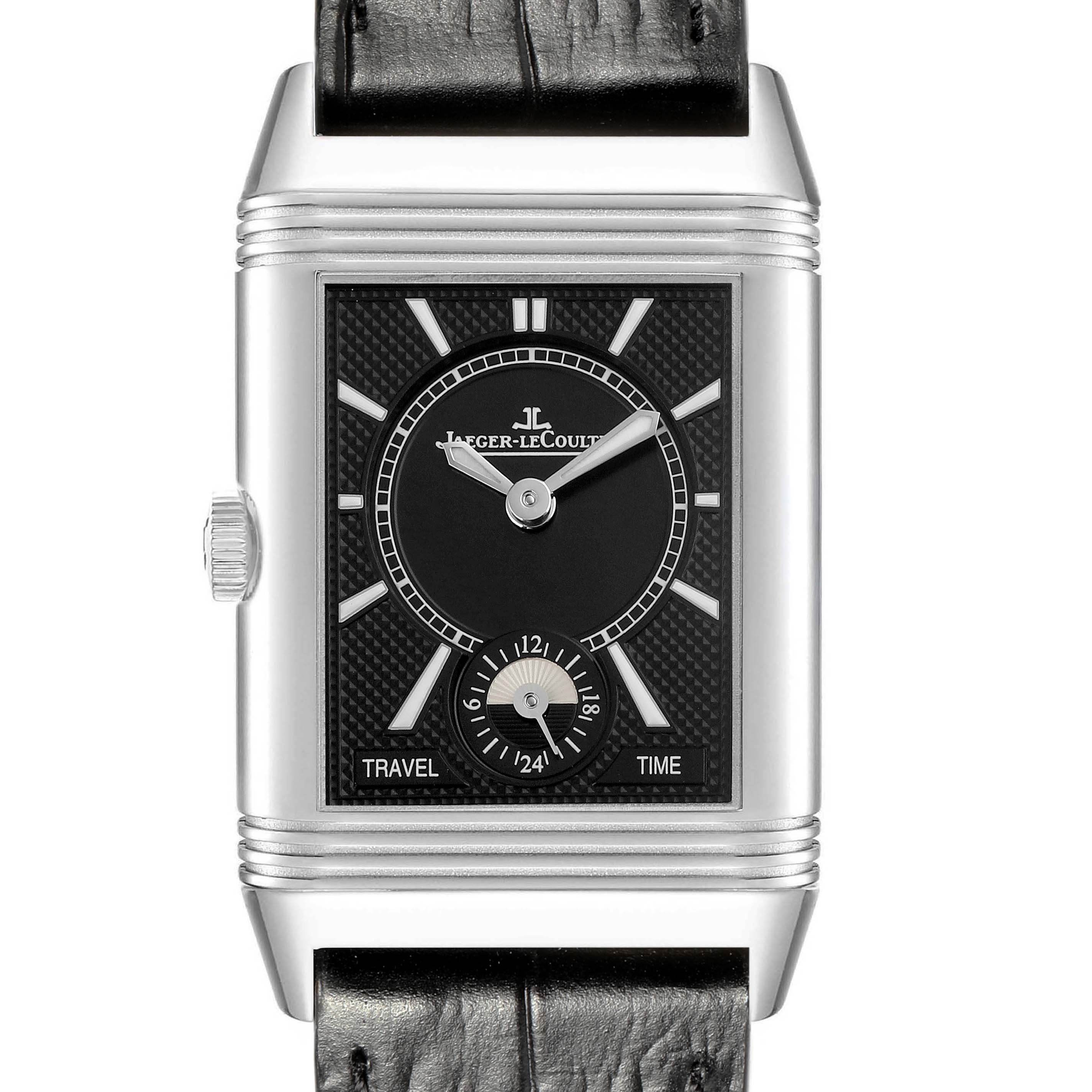 The Jaeger LeCoultre Reverso Q2458420 Men's Stainless Steel Silver Dial watch is shown from a front angle, displaying its black dial, hands, and strap attachment.