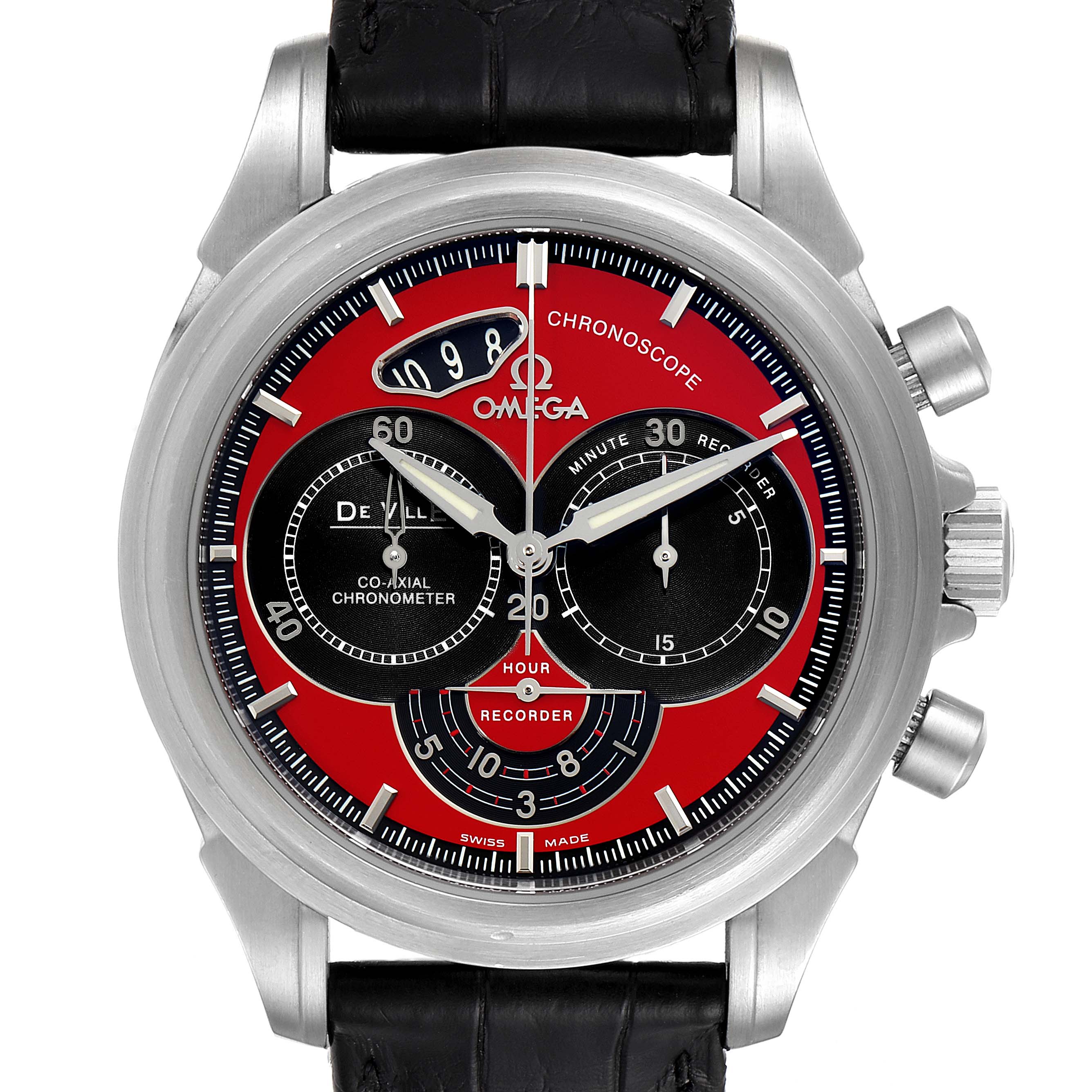 The image shows the dial and case of an Omega De Ville 4851.61.31 Men's Stainless Steel Red Dial 4851.61.31 Men's Stainless Steel Red Dial watch, viewed from the front.