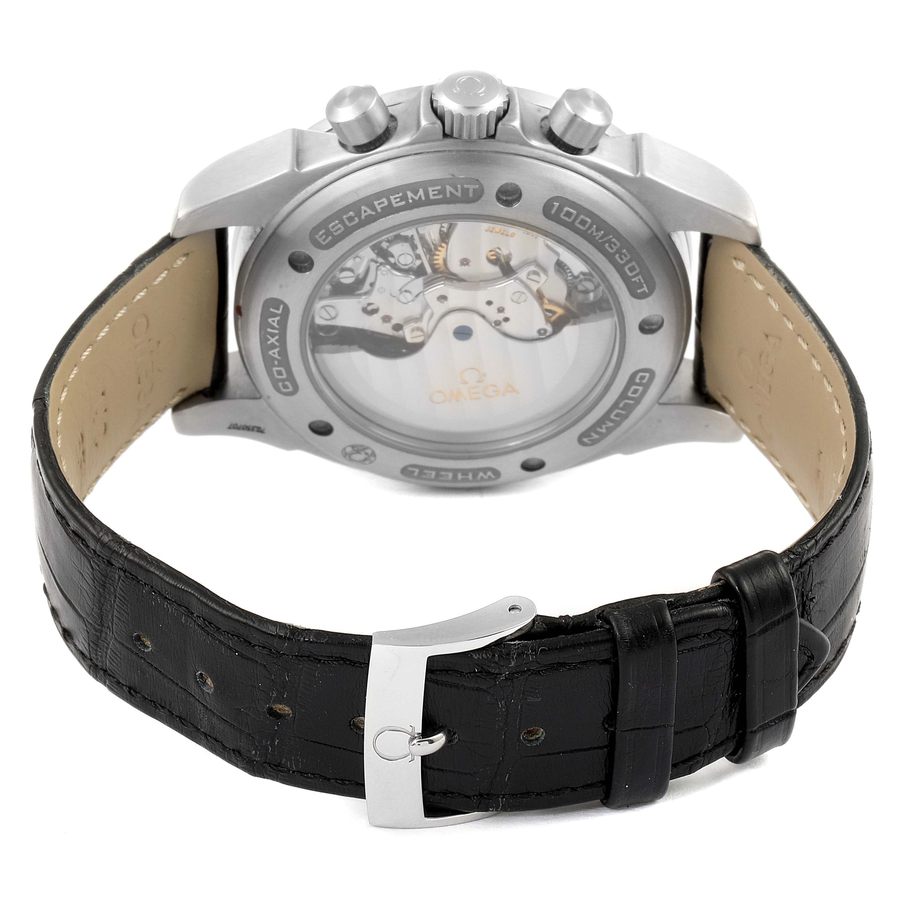 The image shows the back view of the Omega De Ville 4851.61.31 Men's Stainless Steel Red Dial 4851.61.31 Men's Stainless Steel Red Dial watch, featuring the inner mechanism and black leather strap.