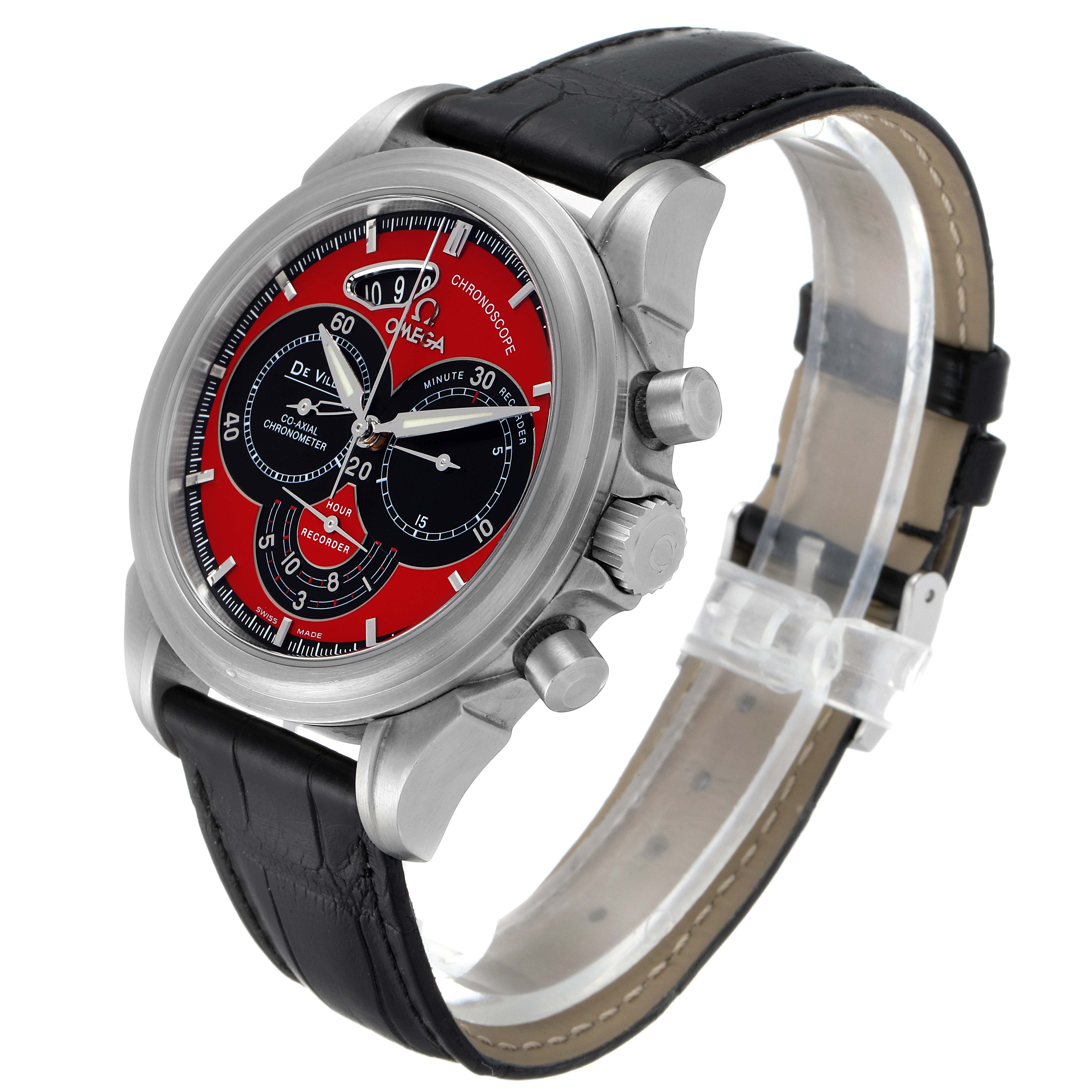 The Omega De Ville 4851.61.31 Men's Stainless Steel Red Dial 4851.61.31 Men's Stainless Steel Red Dial watch is shown at a side angle, highlighting its face, bezel, crown, and black leather strap.