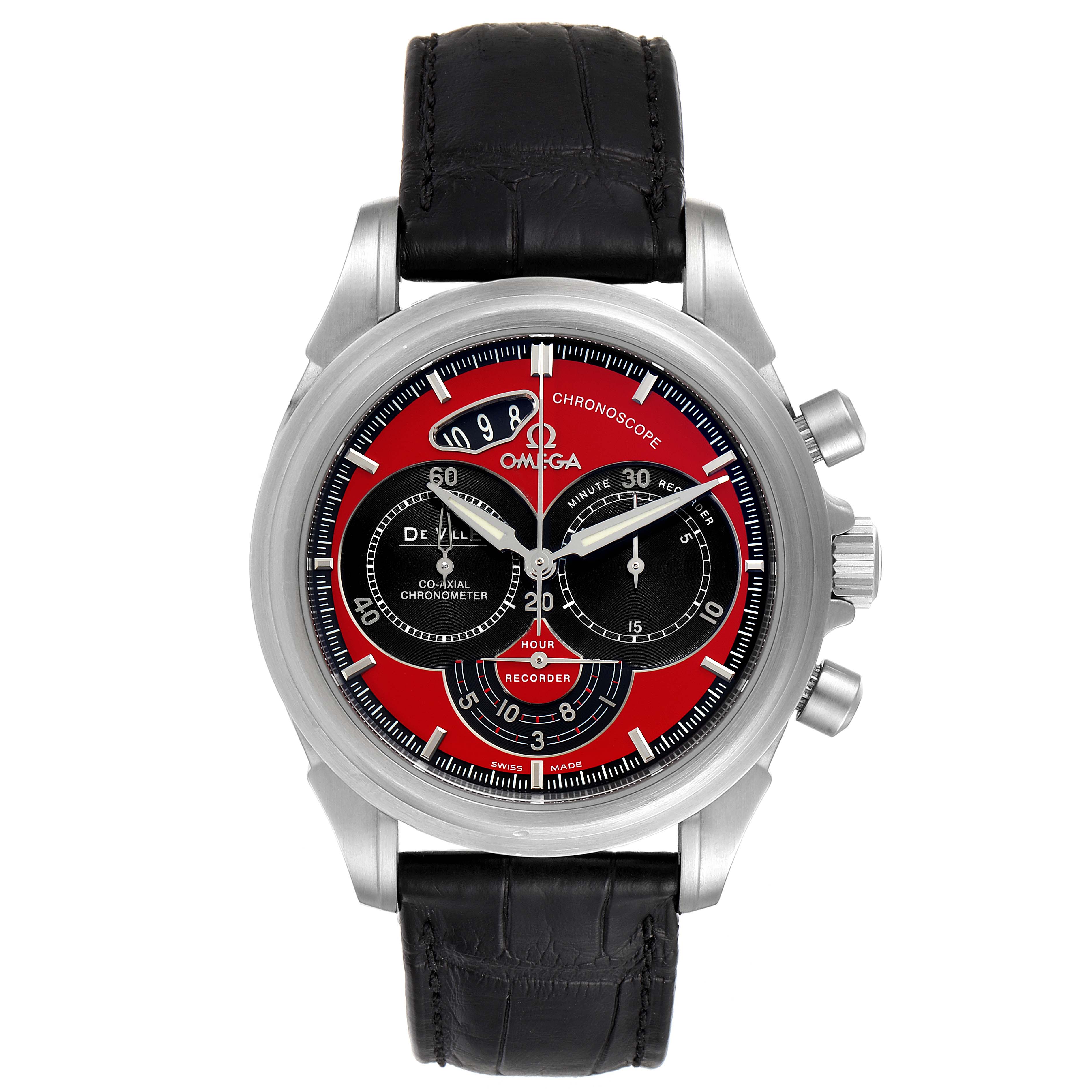 The Omega De Ville 4851.61.31 Men's Stainless Steel Red Dial 4851.61.31 Men's Stainless Steel Red Dial watch is shown from a front angle, highlighting its red dial, black subdials, and black leather strap.