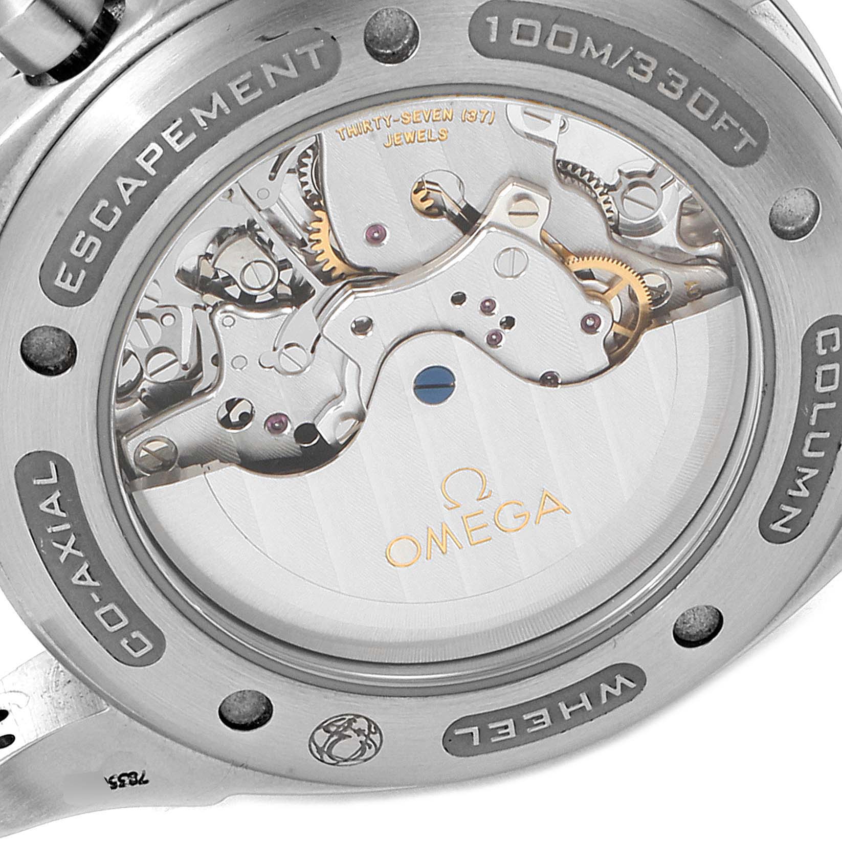 This is a close-up view of the Omega De Ville 4851.61.31 Men's Stainless Steel Red Dial 4851.61.31 Men's Stainless Steel Red Dial watch's transparent case back, revealing its movement and mechanics.