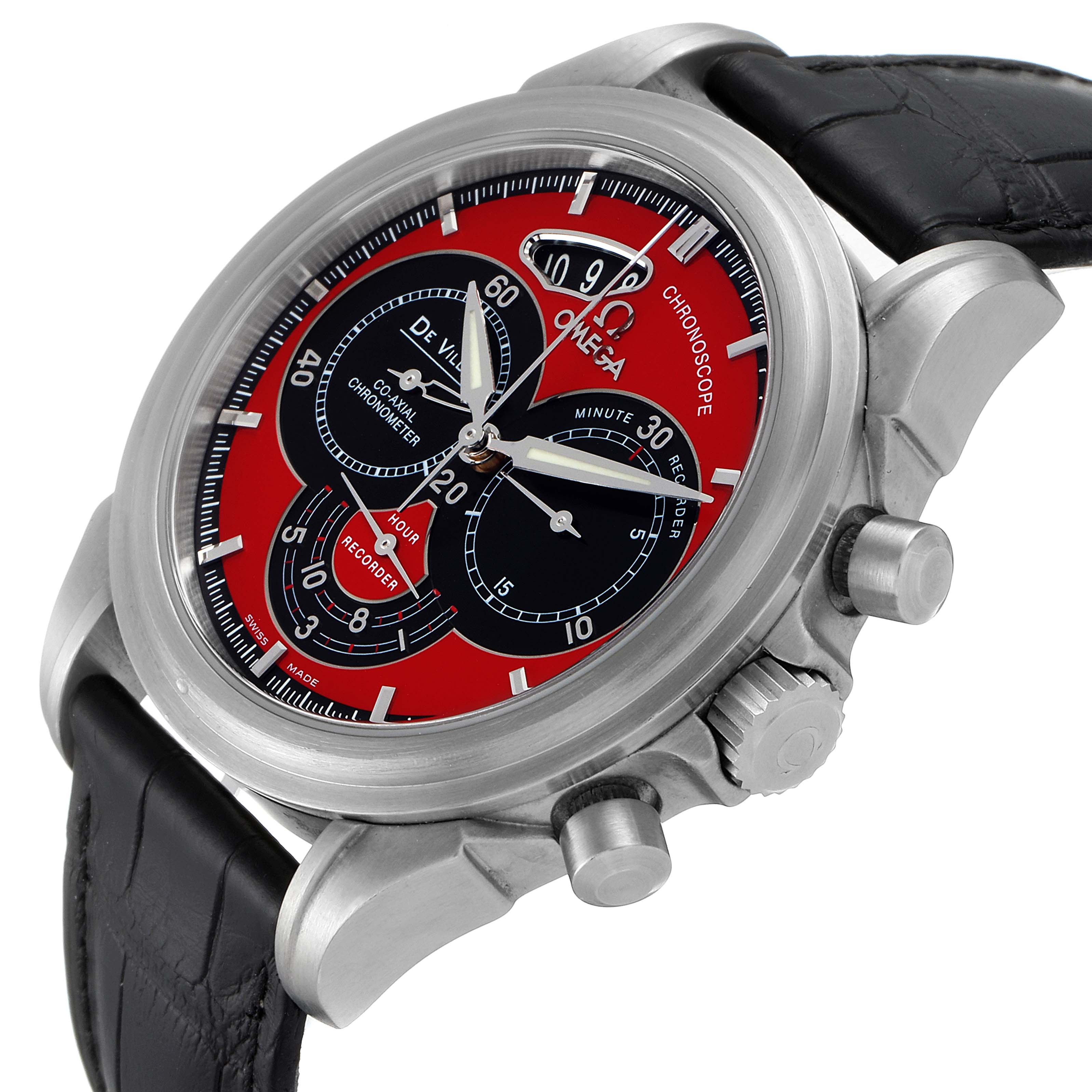 The Omega De Ville 4851.61.31 Men's Stainless Steel Red Dial 4851.61.31 Men's Stainless Steel Red Dial watch is shown at a slight angle, highlighting its red face, subdials, case, and black leather strap.