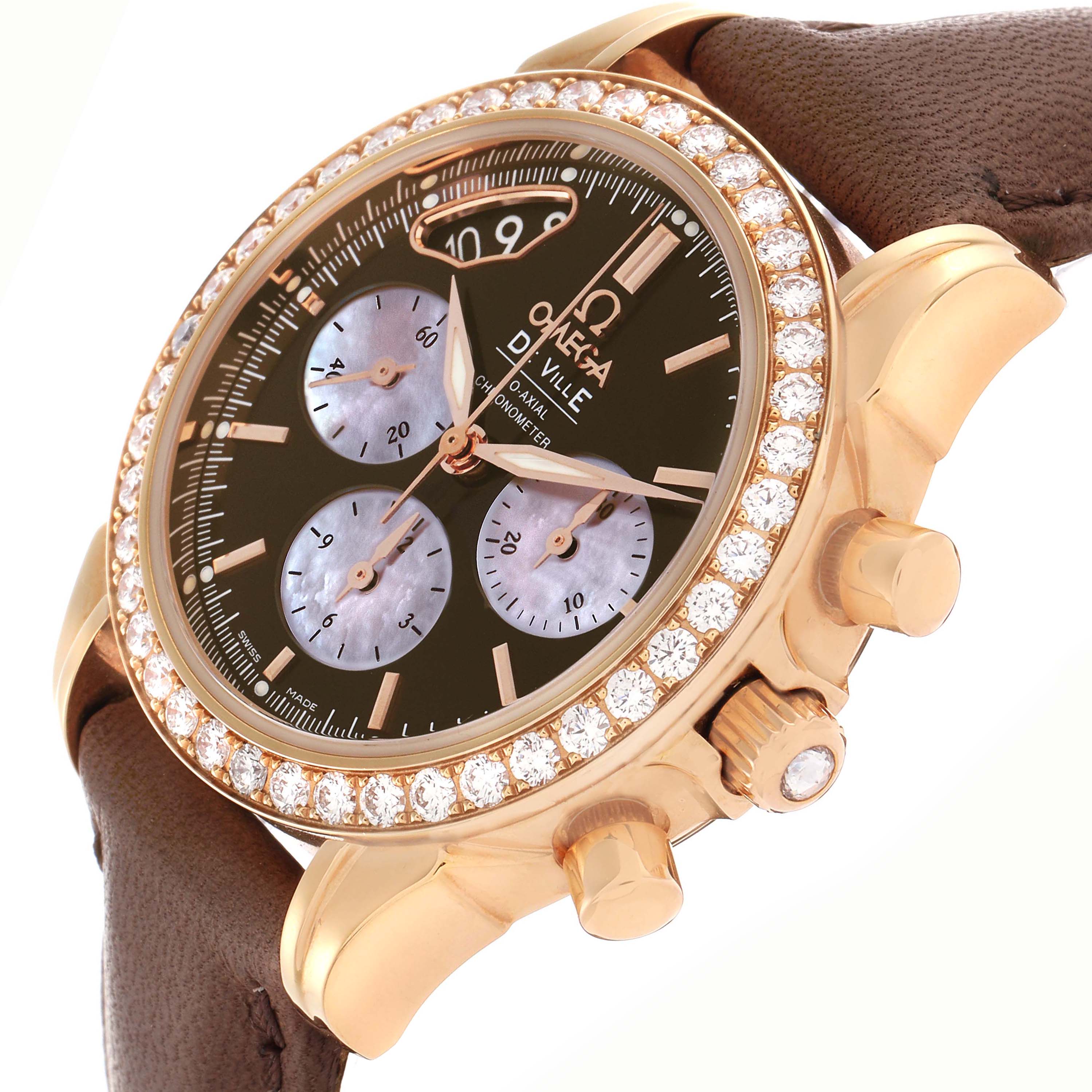 The Omega 422.58.35.50.13.001 Women's Rose Gold Brown Dial 422.58.35.50.13.001 Women's Rose Gold Brown Dial DeVille Co-Axial Rose Gold Diamond Ladies Watch is shown at an angle highlighting the dial, diamond bezel, and side buttons.