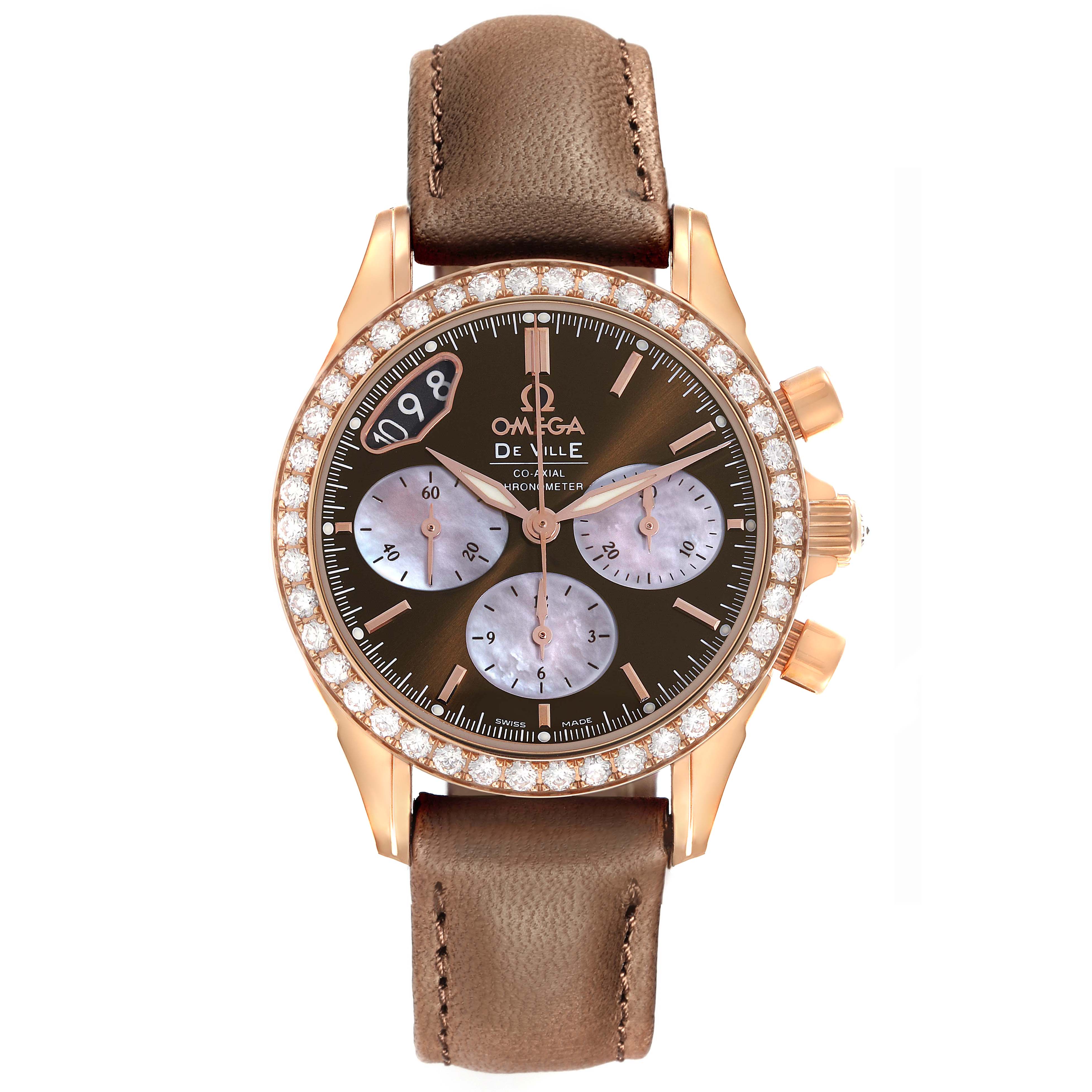 The Omega 422.58.35.50.13.001 Women's Rose Gold Brown Dial 422.58.35.50.13.001 Women's Rose Gold Brown Dial DeVille Co-Axial Rose Gold Diamond Ladies Watch is shown from a top view, highlighting its diamond bezel, brown dial, subdials, and leather strap.