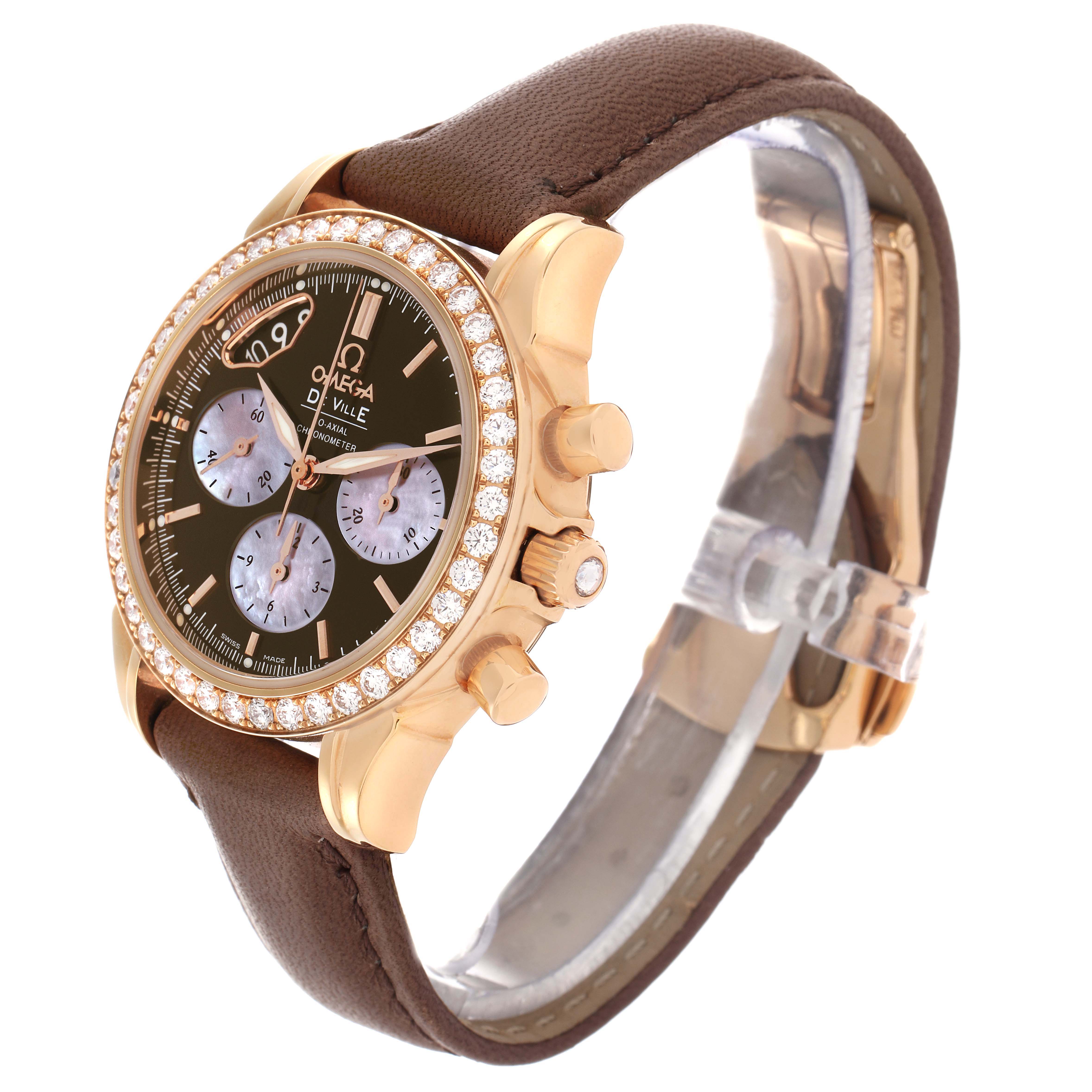 The Omega 422.58.35.50.13.001 Women's Rose Gold Brown Dial 422.58.35.50.13.001 Women's Rose Gold Brown Dial DeVille Co-Axial Rose Gold Diamond Ladies Watch is shown at a three-quarter angle, highlighting the bezel, dial, and strap.