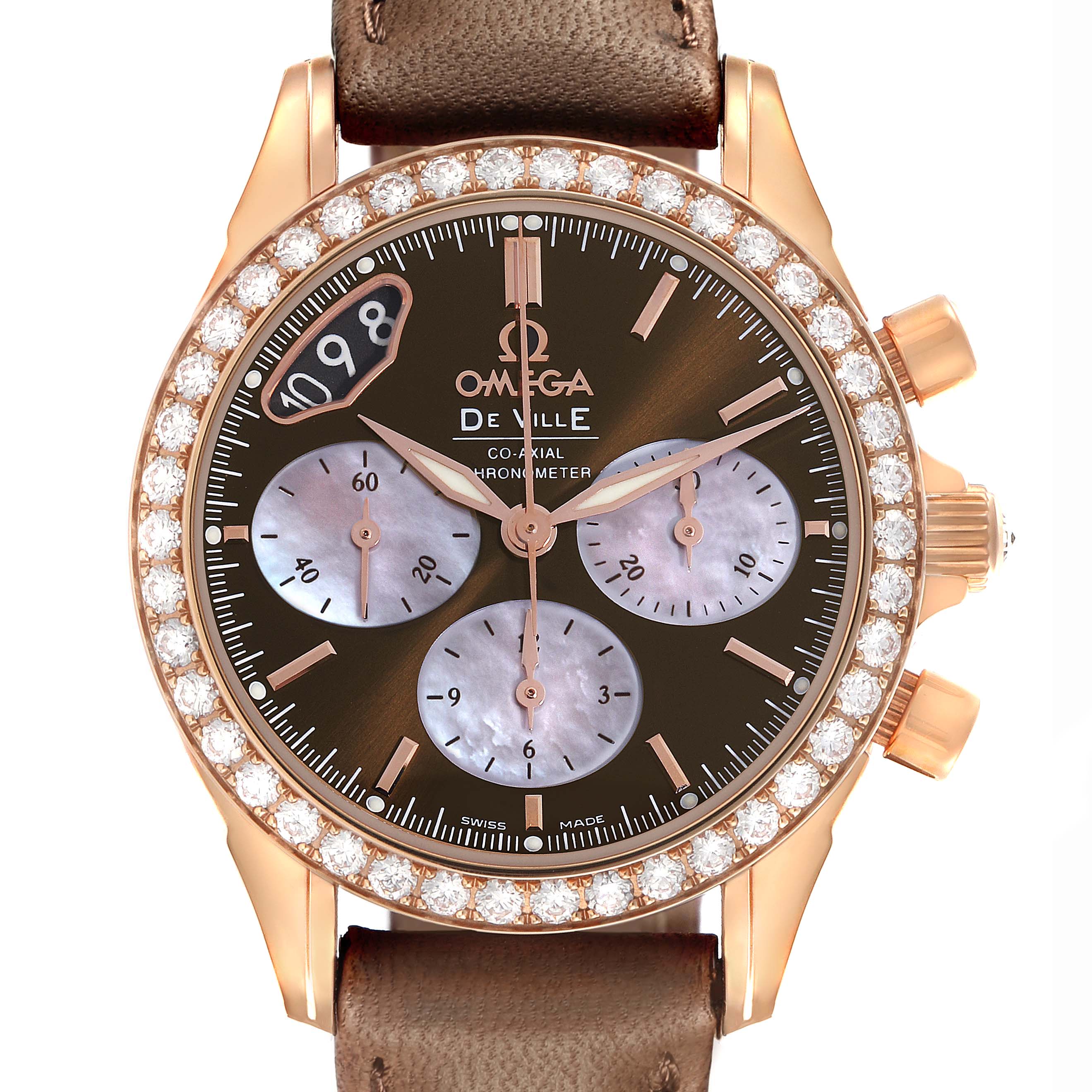 The Omega 422.58.35.50.13.001 Women's Rose Gold Brown Dial 422.58.35.50.13.001 Women's Rose Gold Brown Dial DeVille Co-Axial Rose Gold Diamond Ladies Watch is shown from the front, displaying its diamond bezel and brown strap.