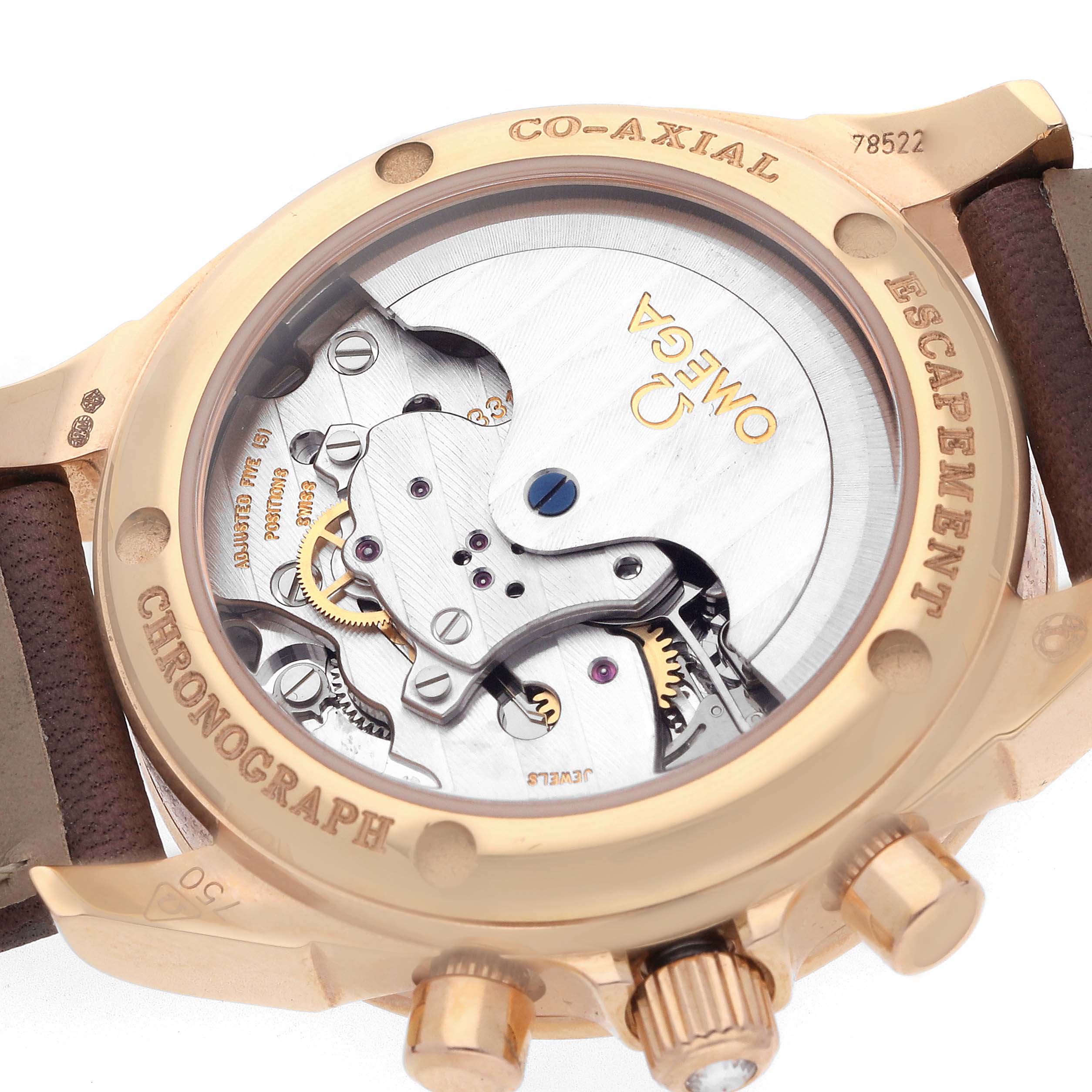 The image shows the back of an Omega 422.58.35.50.13.001 Women's Rose Gold Brown Dial 422.58.35.50.13.001 Women's Rose Gold Brown Dial DeVille Co-Axial Rose Gold Diamond Ladies Watch, highlighting the movement through a transparent case back.