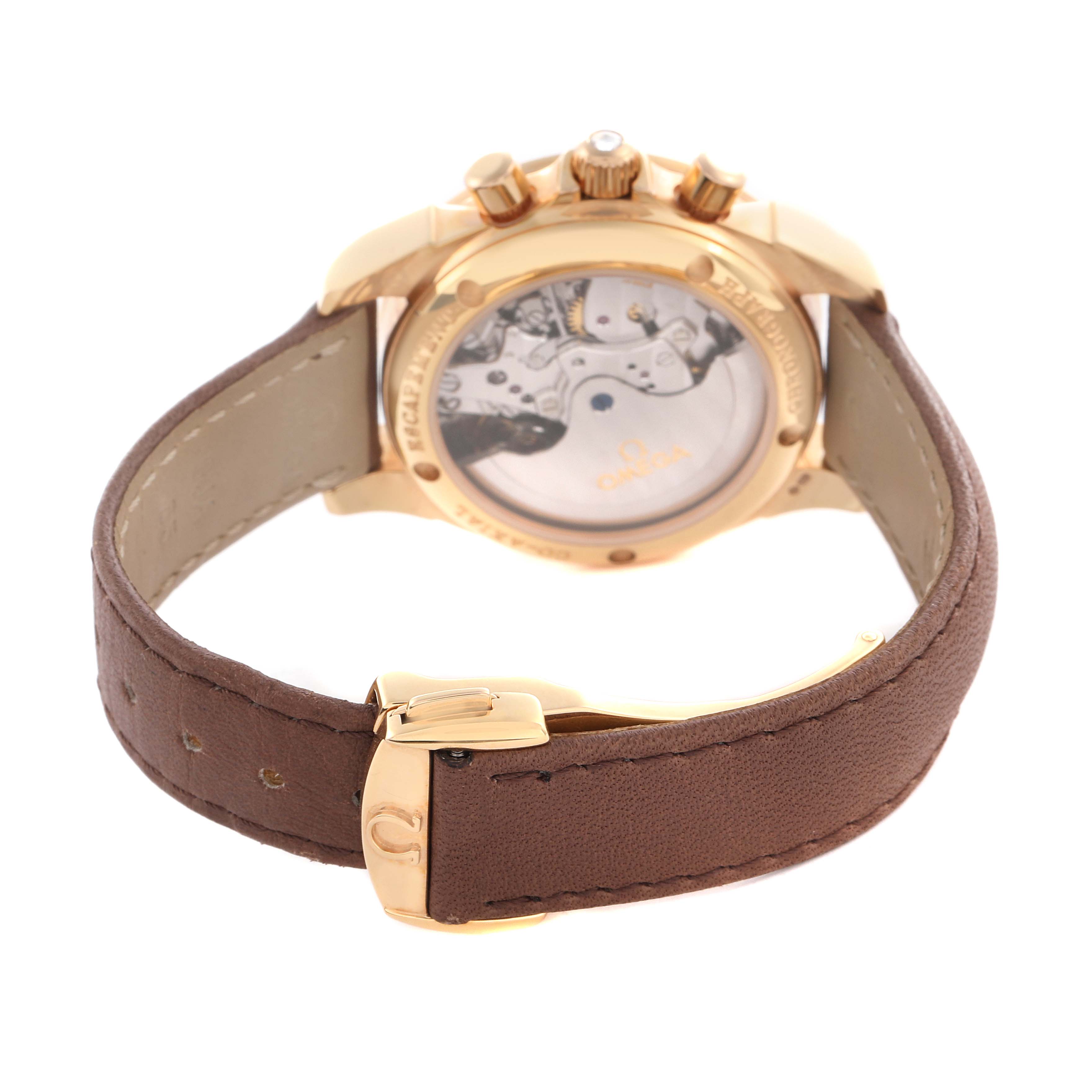 The Omega 422.58.35.50.13.001 Women's Rose Gold Brown Dial 422.58.35.50.13.001 Women's Rose Gold Brown Dial DeVille Co-Axial is shown from the back, displaying the caseback, movement, and brown leather strap.