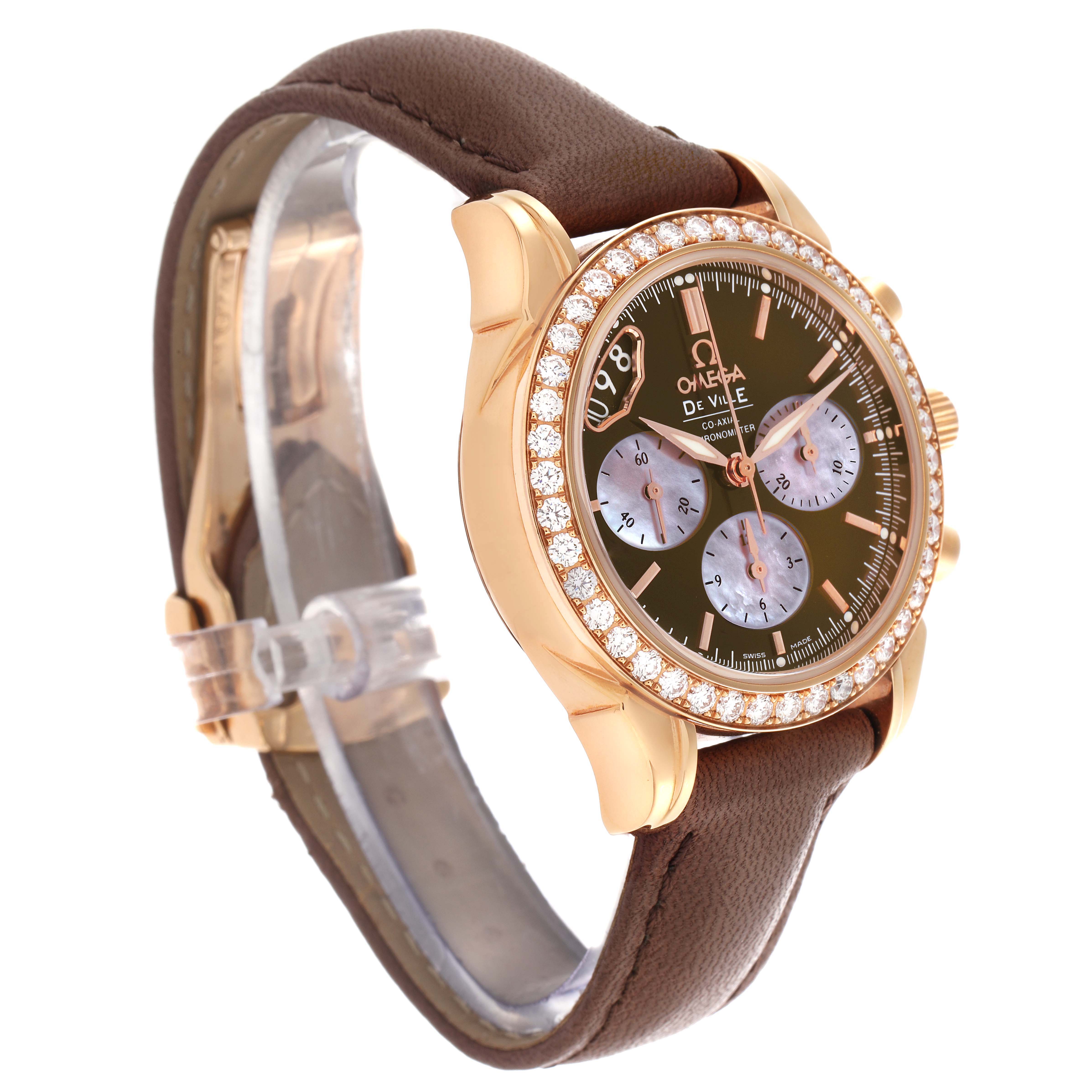 The Omega 422.58.35.50.13.001 Women's Rose Gold Brown Dial 422.58.35.50.13.001 Women's Rose Gold Brown Dial DeVille CoAxial Rose Gold Diamond Ladies Watch is shown at a three-quarter angle, highlighting the diamond bezel, side pushers, and brown strap.