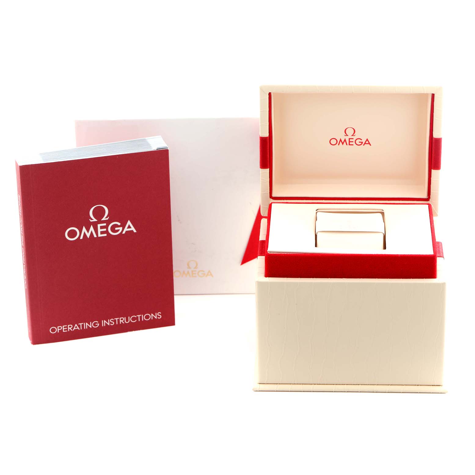 The image shows the packaging and operating instructions for the Omega 422.58.35.50.13.001 Women's Rose Gold Brown Dial 422.58.35.50.13.001 Women's Rose Gold Brown Dial DeVille Co-Axial Rose Gold Diamond Ladies Watch model 422.58.35.50.13.001.