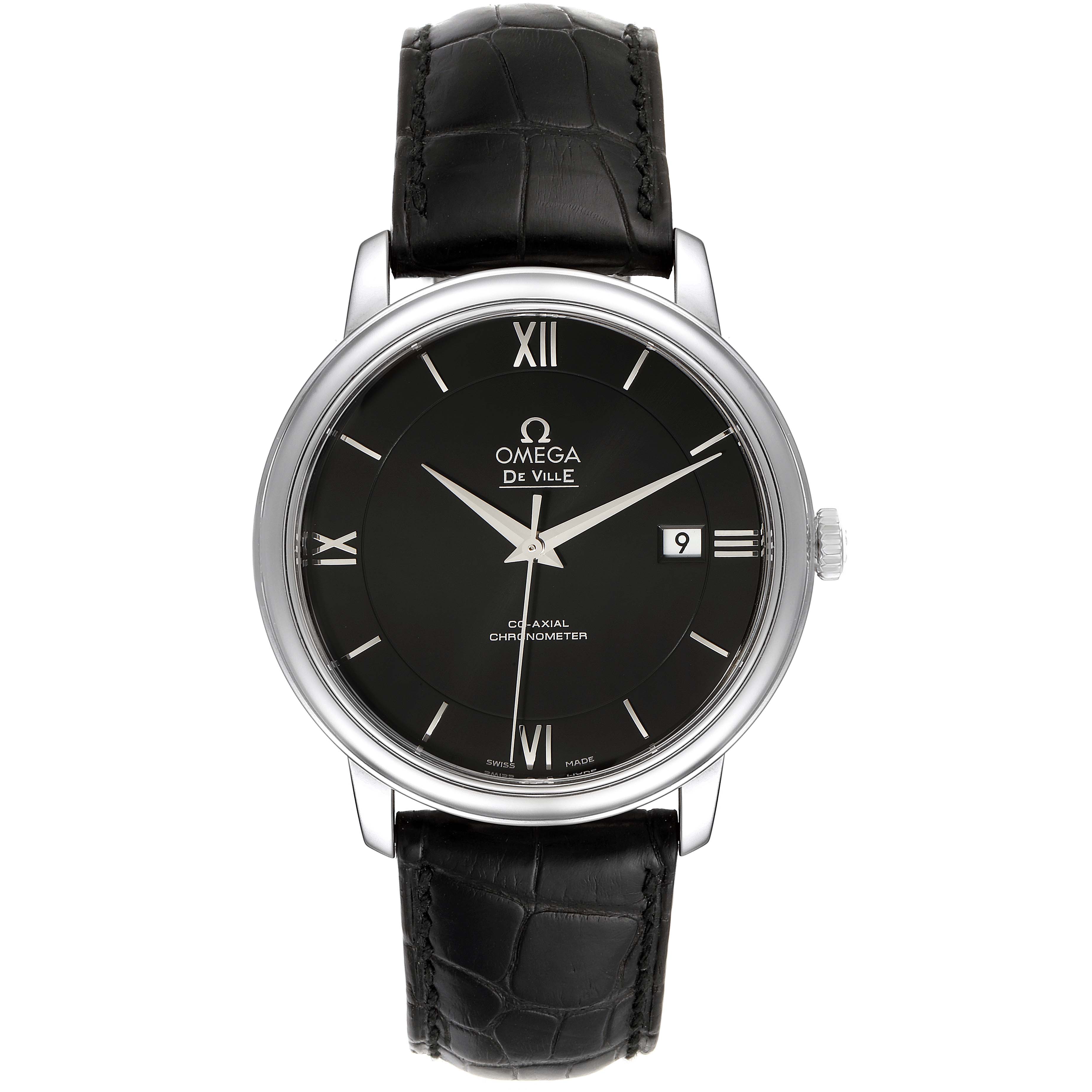 The image shows a frontal view of the Omega De Ville 424.13.40.20.01.001 Men's Stainless Steel Black Dial 424.13.40.20.01.001 Men's Stainless Steel Black Dial watch, highlighting the dial, hands, Roman numerals, and black leather strap.