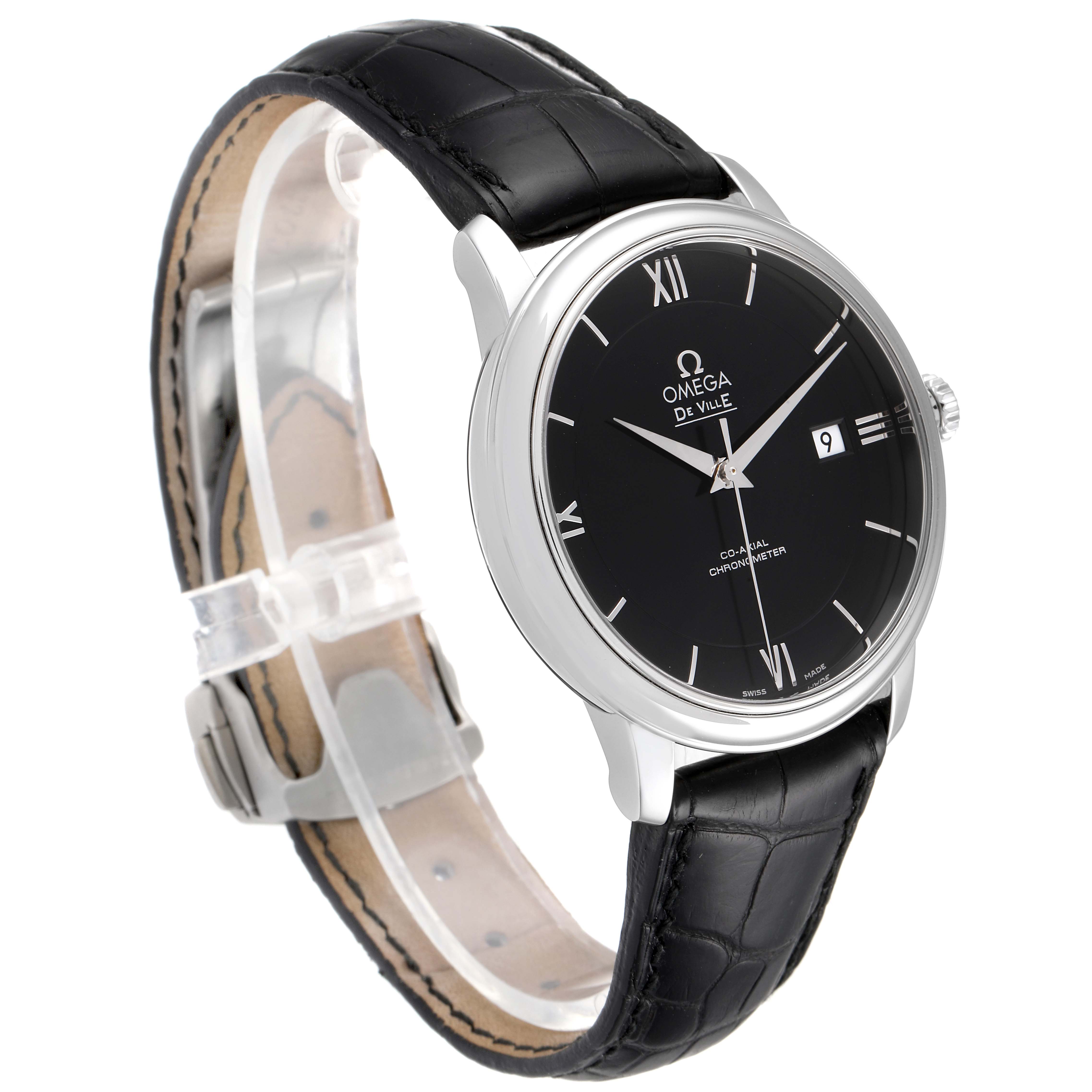 The image shows an Omega De Ville 424.13.40.20.01.001 Men's Stainless Steel Black Dial 424.13.40.20.01.001 Men's Stainless Steel Black Dial watch at a three-quarter angle, displaying its face, leather strap, and casing.