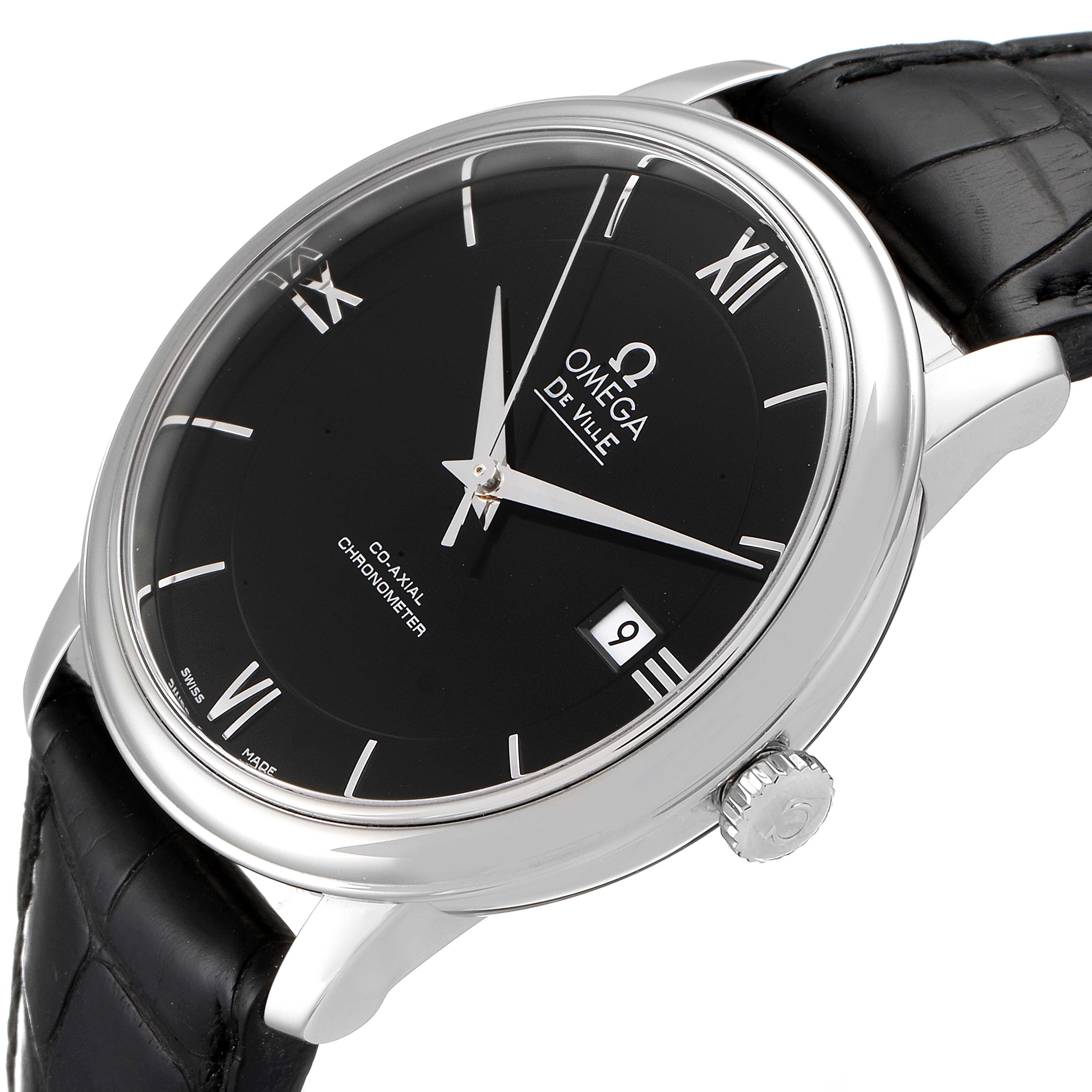 The image shows a side angle of the Omega De Ville 424.13.40.20.01.001 Men's Stainless Steel Black Dial 424.13.40.20.01.001 Men's Stainless Steel Black Dial watch, highlighting its black dial, Roman numerals, crown, and black leather strap.