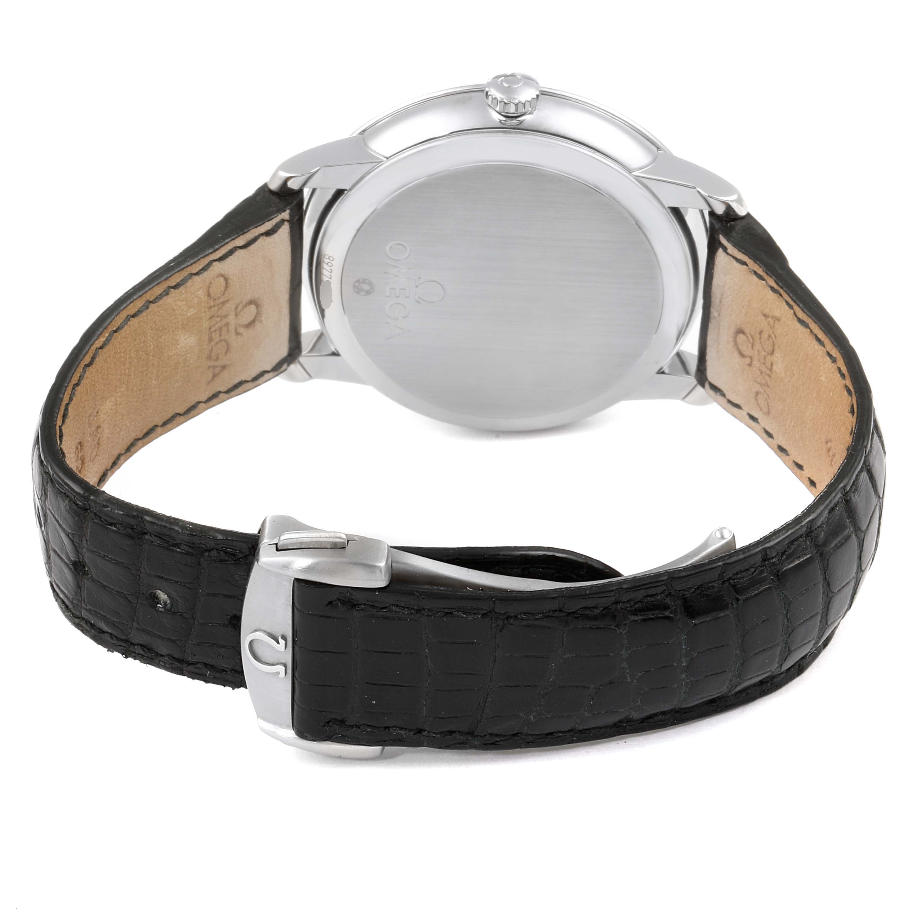 This image shows the back and strap of an Omega De Ville 424.13.40.20.01.001 Men's Stainless Steel Black Dial 424.13.40.20.01.001 Men's Stainless Steel Black Dial watch, highlighting its leather band and buckle.