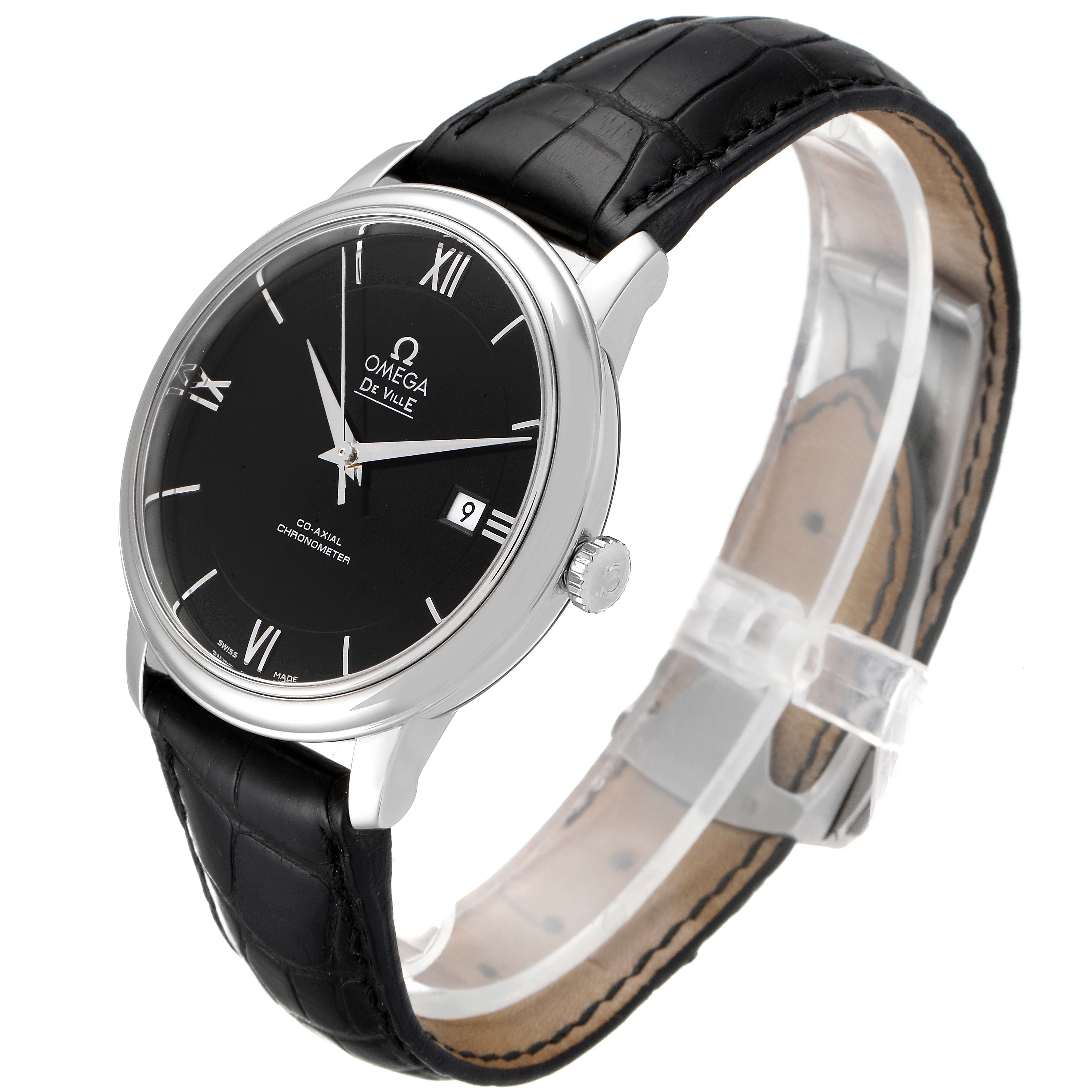 The image shows the De Ville model by Omega from a front angle, highlighting its black dial, leather strap, and stainless steel case.