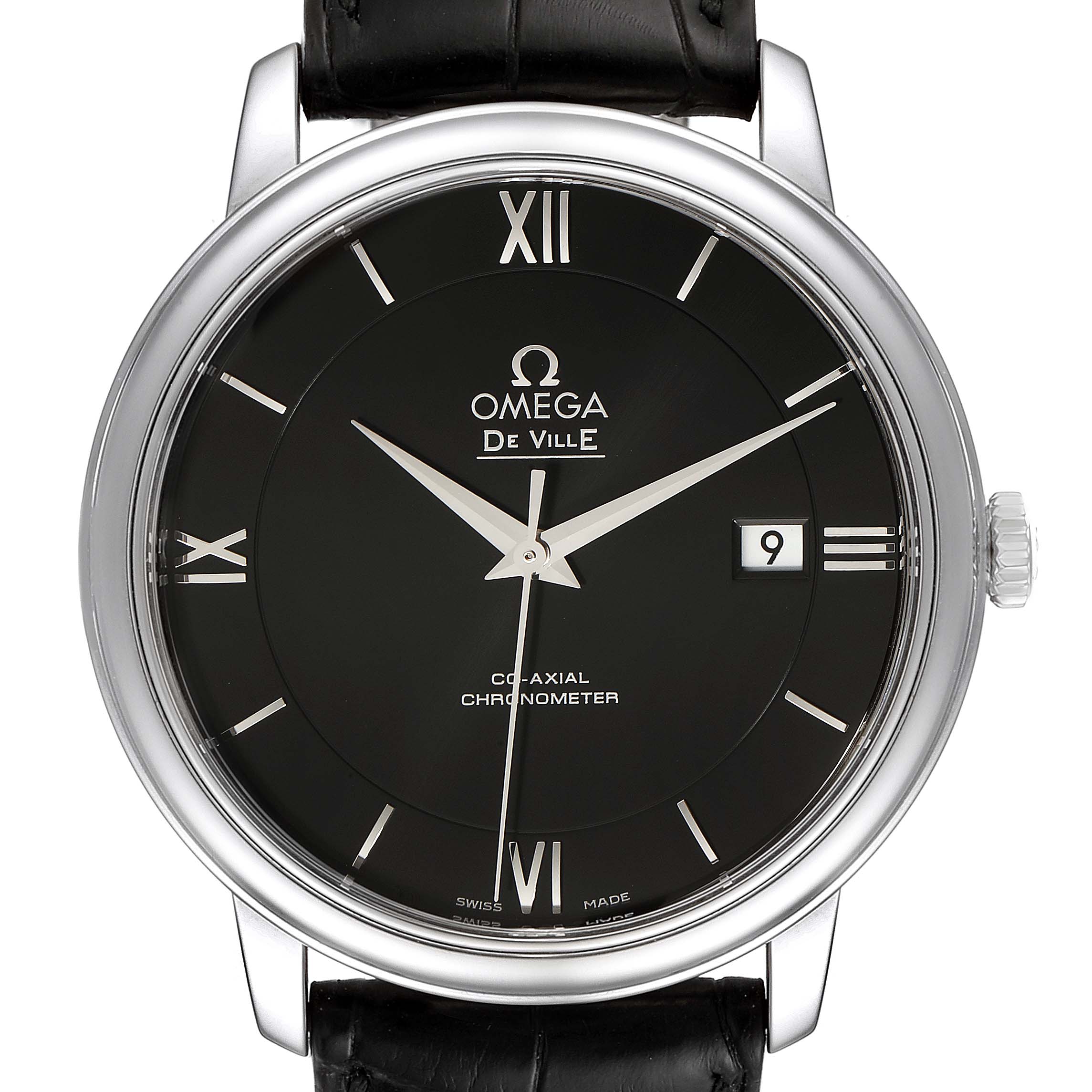 The image shows a front view of an Omega De Ville 424.13.40.20.01.001 Men's Stainless Steel Black Dial 424.13.40.20.01.001 Men's Stainless Steel Black Dial watch, displaying its dial, hands, date window, and part of the strap.