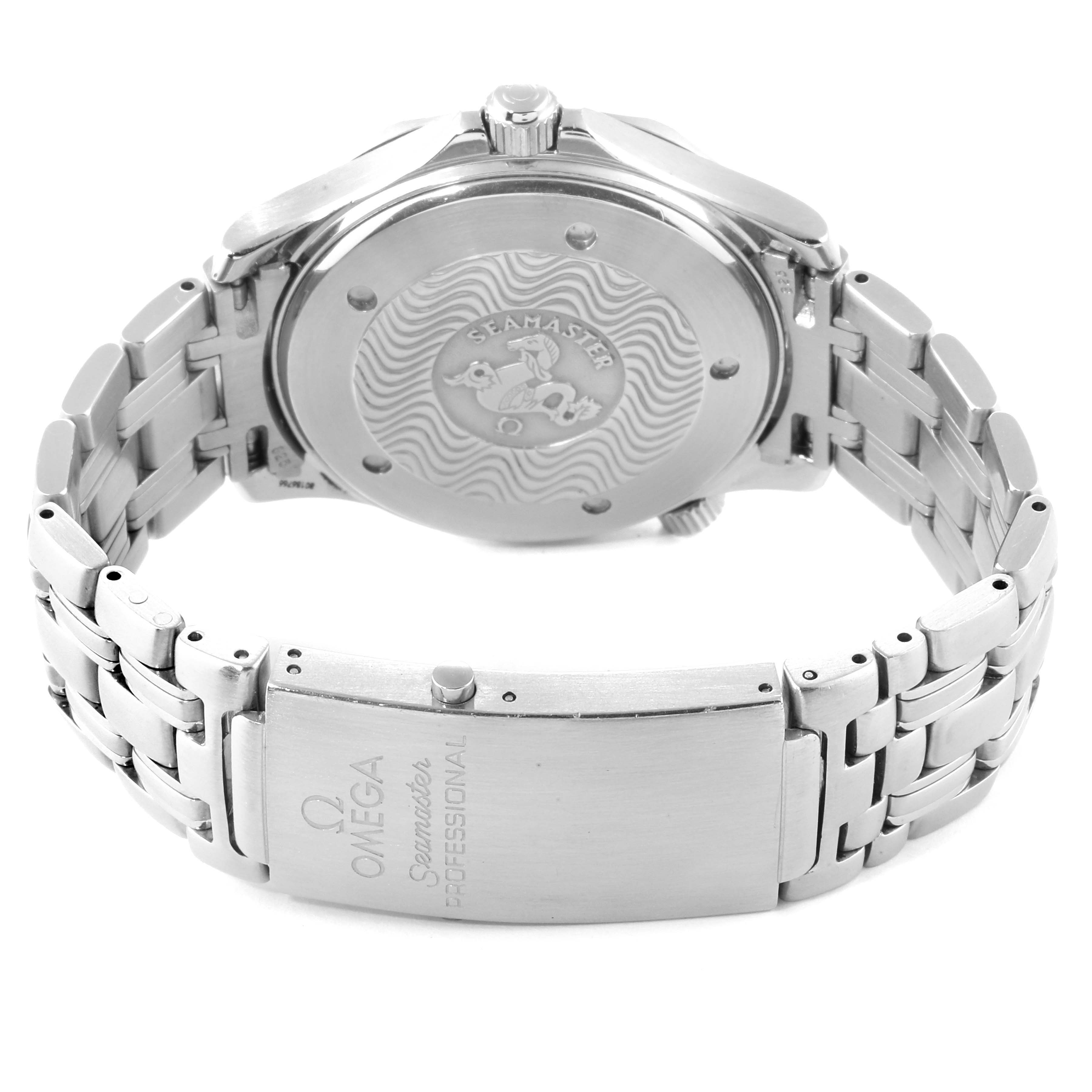 The image shows the back case and bracelet clasp of an Omega Seamaster 2531.80.00 Men
s Stainless Steel Blue Dial 2531.80.00 Men
s Stainless Steel Blue Dial watch.