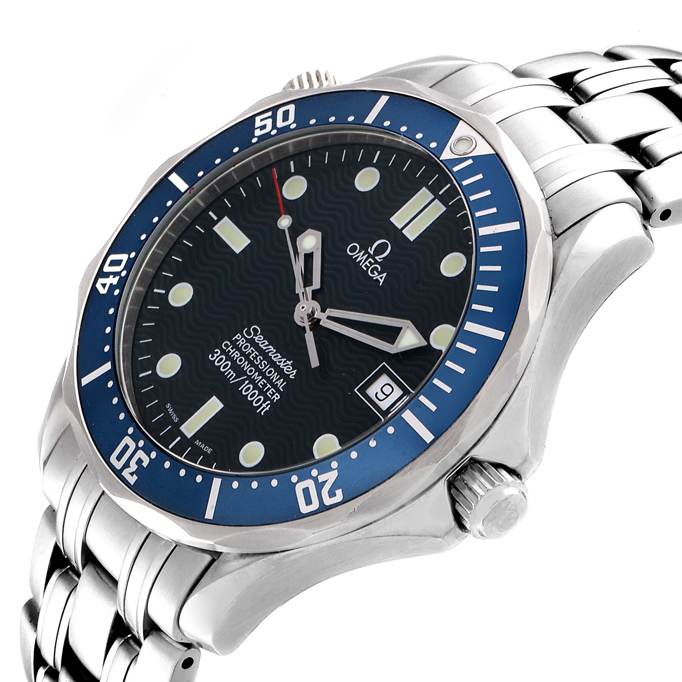 The Omega Seamaster 2531.80.00 Men
s Stainless Steel Blue Dial 2531.80.00 Men
s Stainless Steel Blue Dial watch is shown at an oblique angle, displaying the dial, bezel, crown, and part of the bracelet.