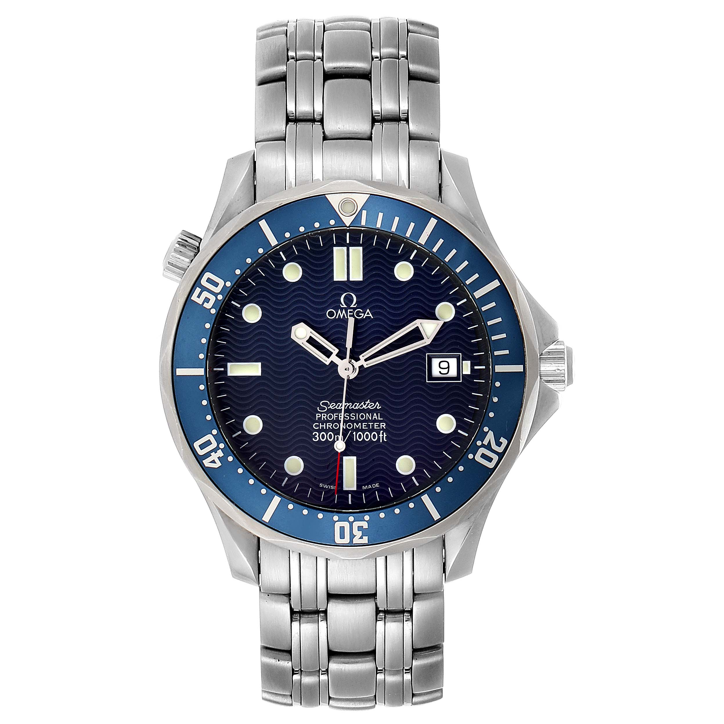 This is a front view of an Omega Seamaster 2531.80.00 Men
s Stainless Steel Blue Dial 2531.80.00 Men
s Stainless Steel Blue Dial watch showing the dial, bezel, and stainless steel bracelet.