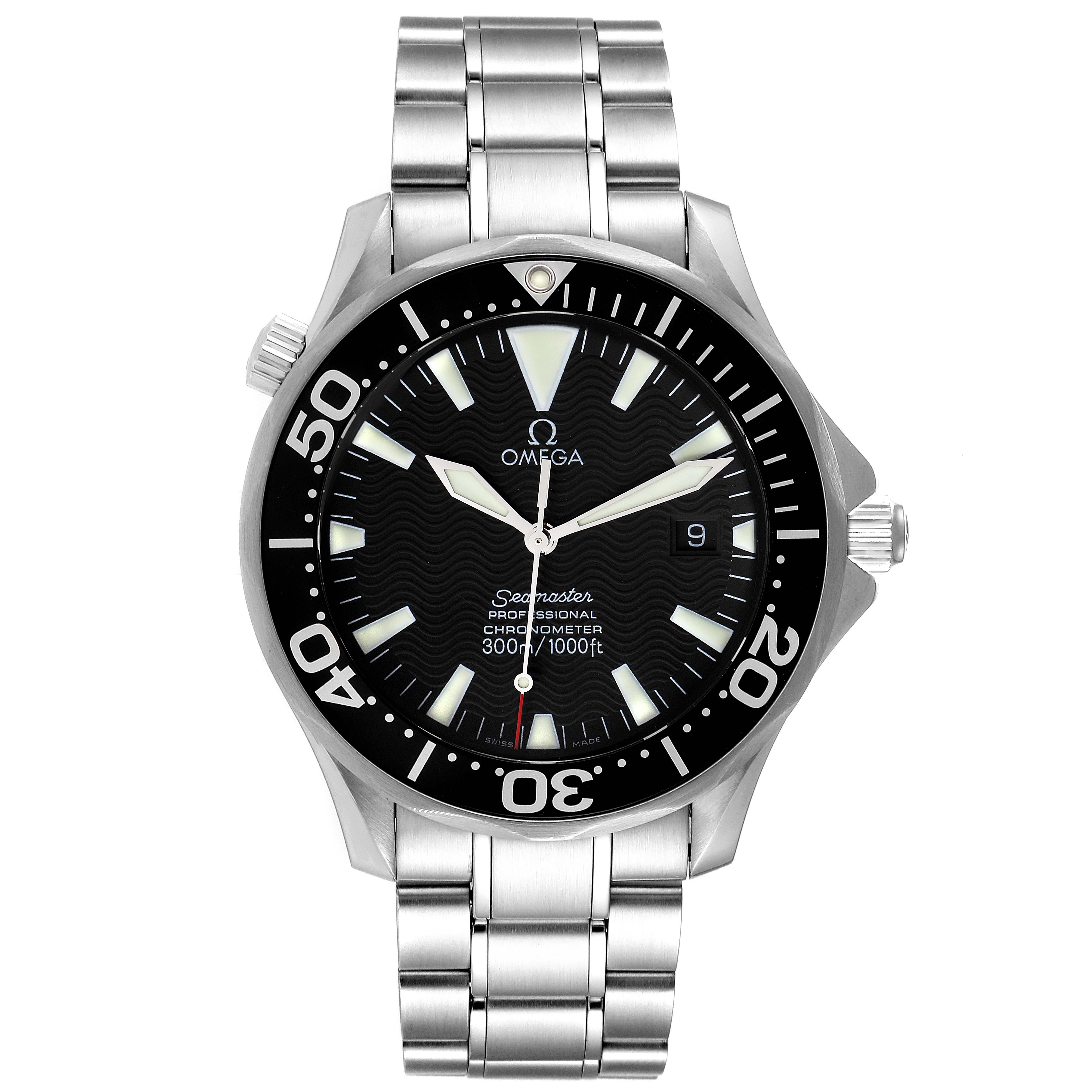 The image shows a front view of an Omega Seamaster 2254.50.00 Men's Stainless Steel Black Dial 2254.50.00 Men's Stainless Steel Black Dial watch, highlighting the dial, bezel, hands, and bracelet.