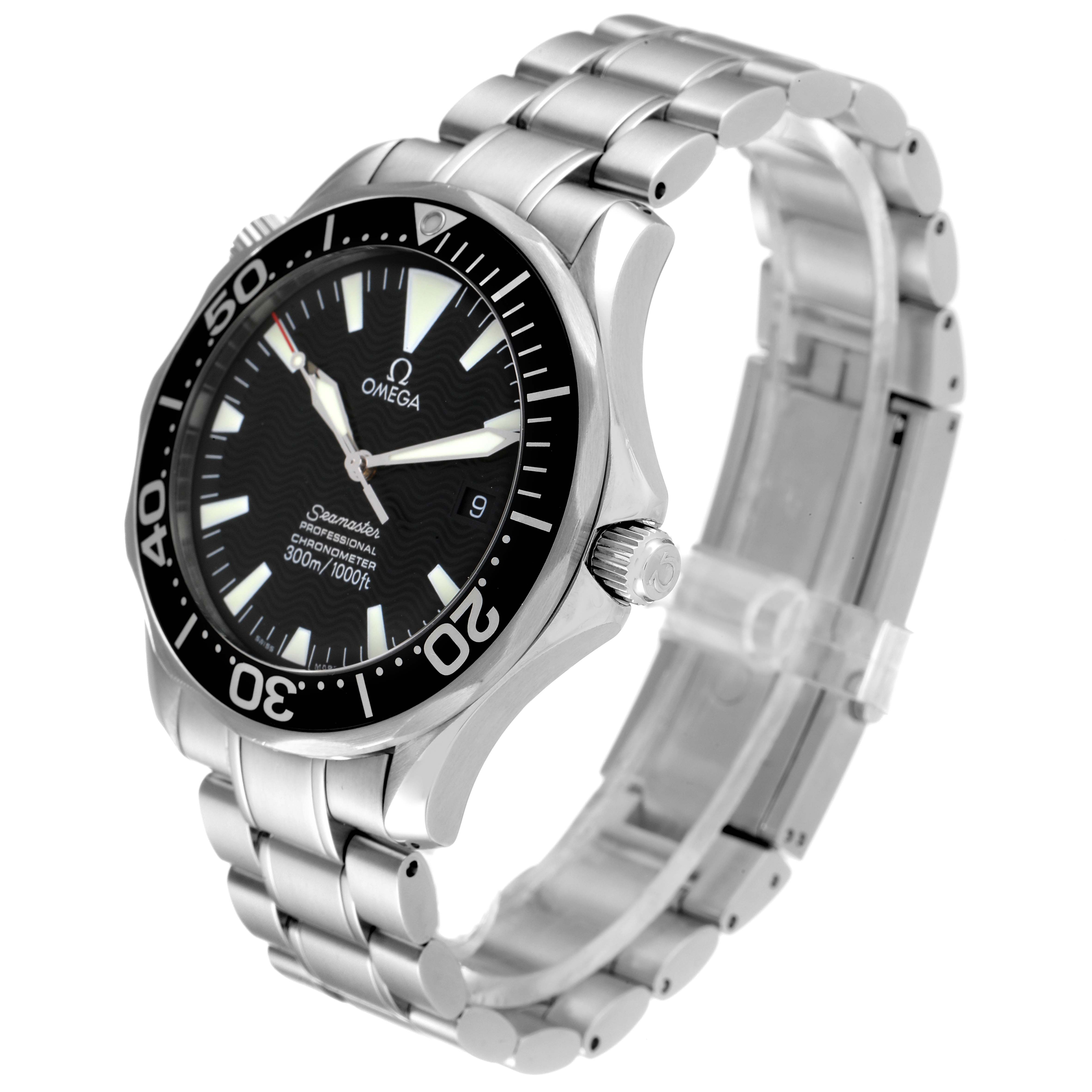This image shows an Omega Seamaster 2254.50.00 Men's Stainless Steel Black Dial 2254.50.00 Men's Stainless Steel Black Dial watch angled to display its dial, bezel, and stainless steel bracelet.